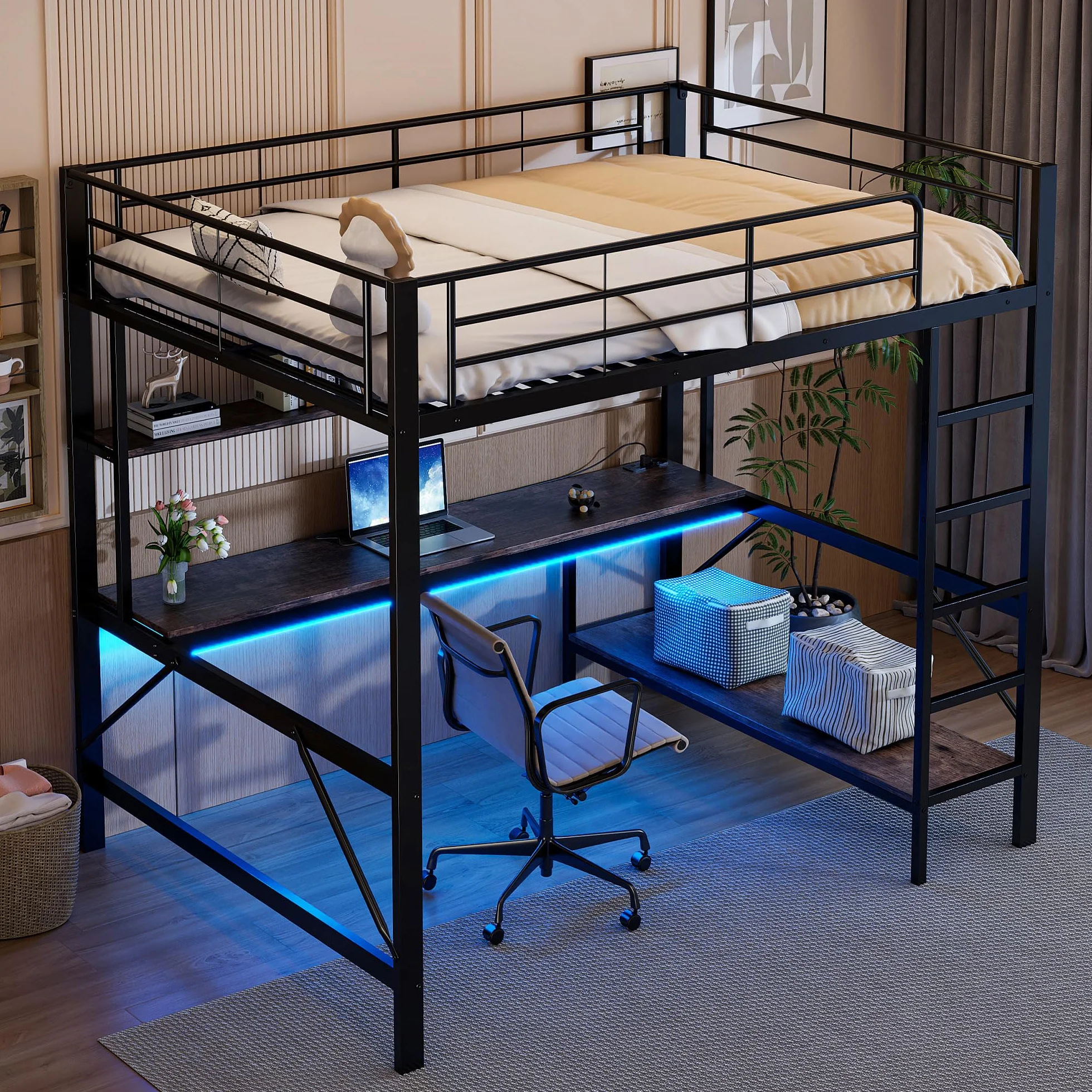 Letto a soppalco per bambini 140 x 200 cm,letto a castello matrimoniale 140x200 in metallo con prese USB e elettriche, con illuminazione a LED,scrivania,con sponde e scaletta,diversi ripiani,Nero