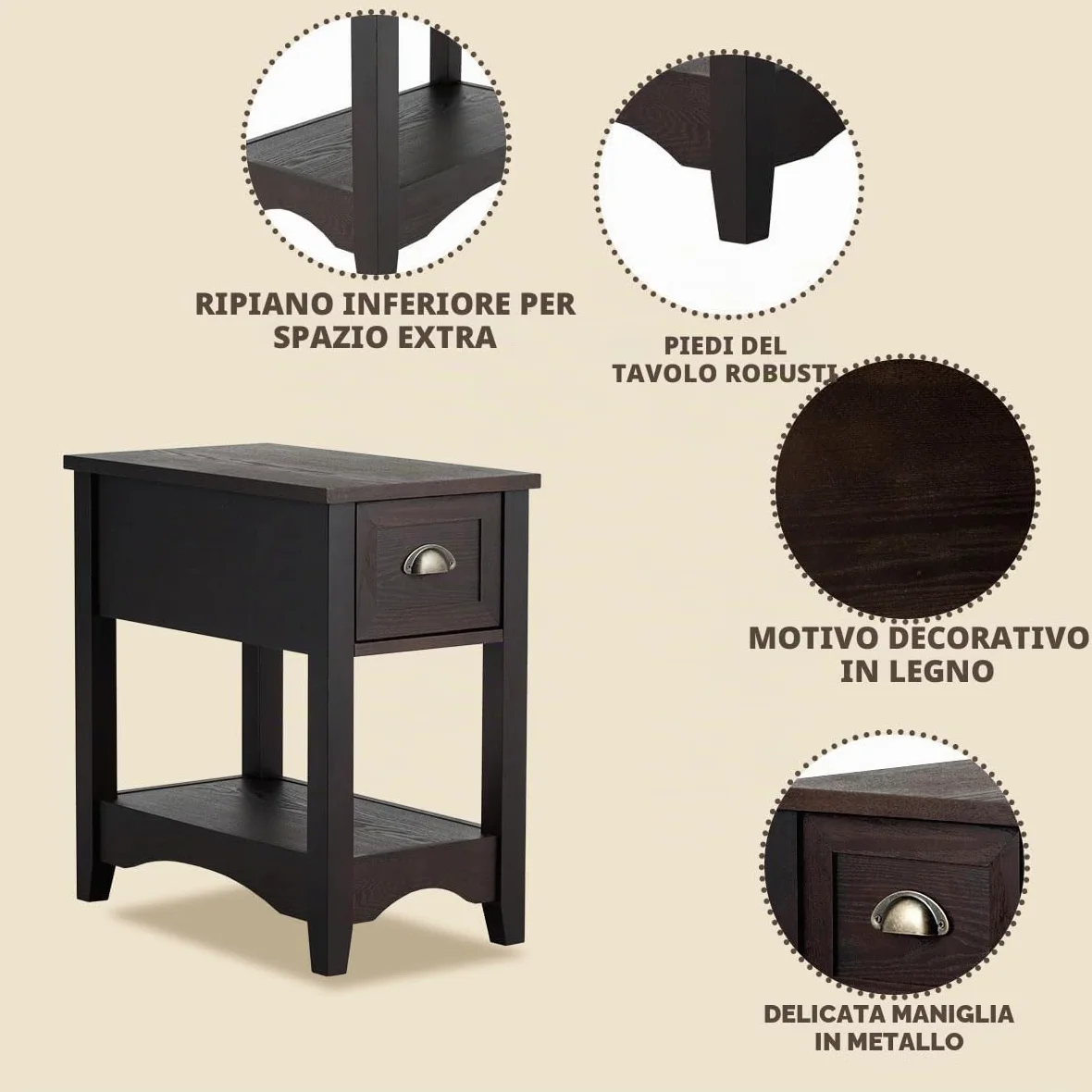 LIFEZEAL Set di 2 Comodini Stretti con 1 Cassetto, Comò a 2 Ripiani, Mobiletto Camera da Letto, Moderno, Tavolino Basso Laterale da Divano, Gambe in Legno Massello, per Soggiorno, 33x56x58,5cm, Noce