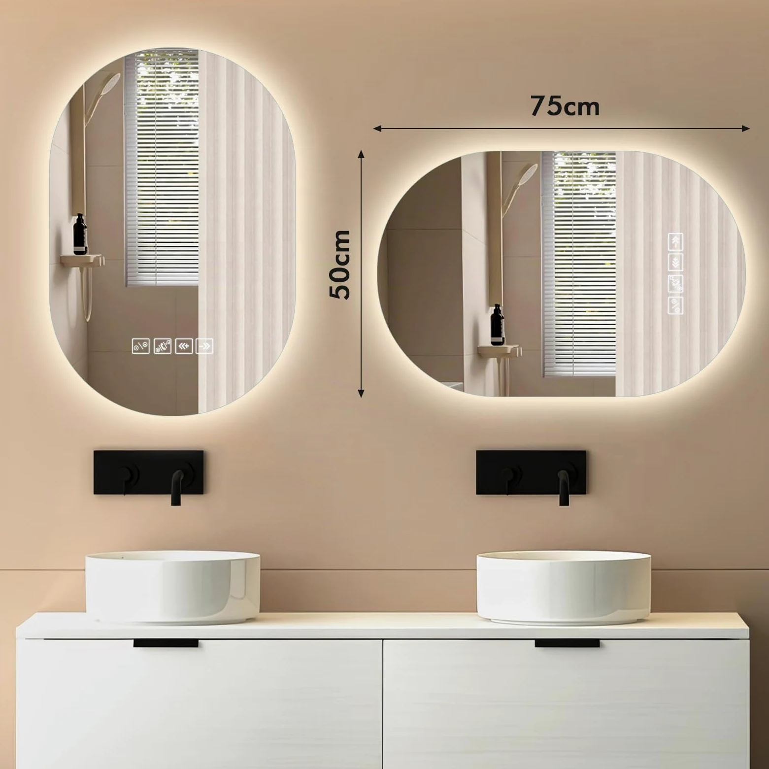 Specchio Bagno con Luce, 75x50cm, Specchio Smart con Antiappannamento, Memoria e Dimmerabile, Bluetooth per Musica, Tasto a Sè, Installazione Orizzontale o Verticale