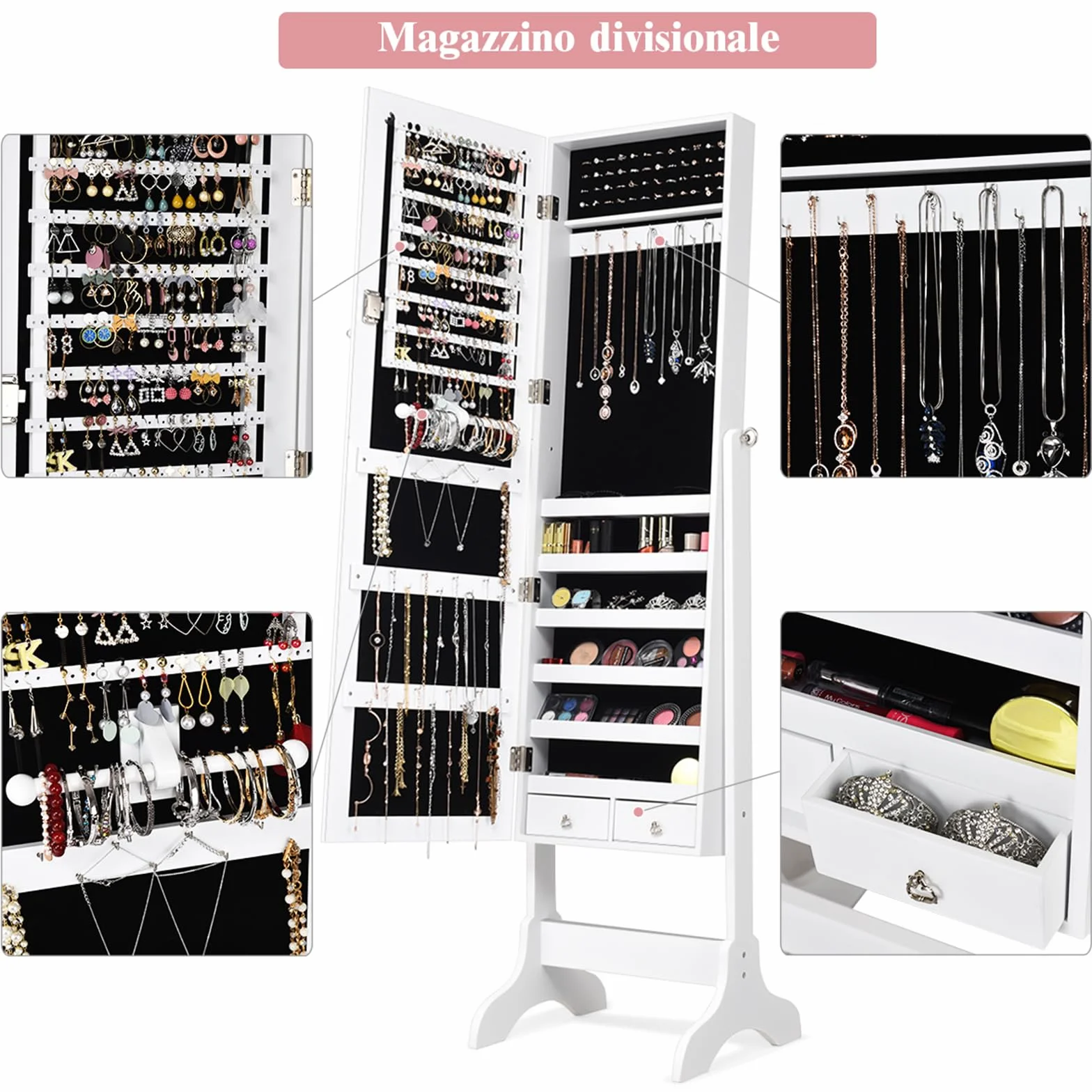 COSTWAY Mobile Portagioie da Terra con Specchio e 2 Cassetti, 156 x 37 x 46 cm