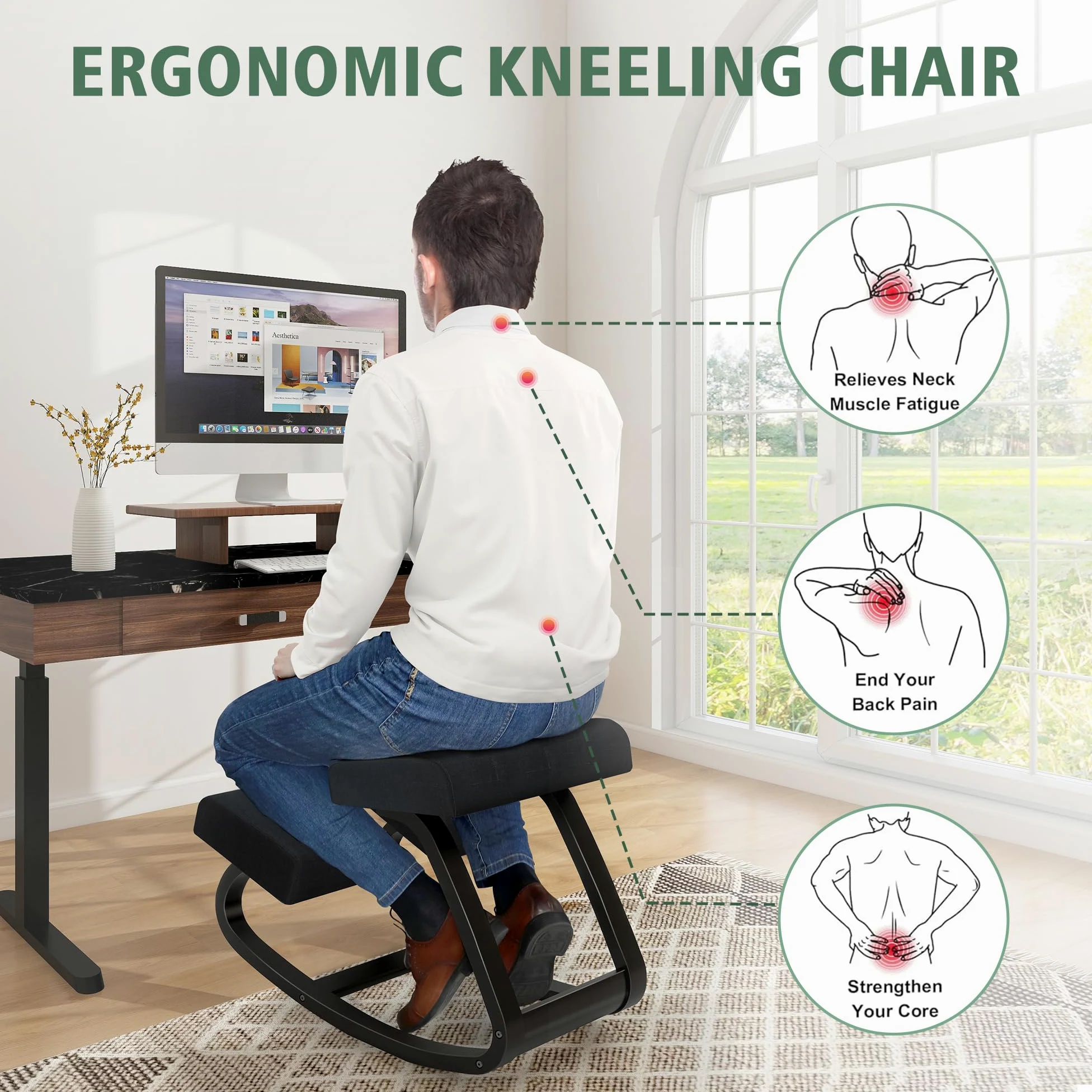 Sedia Ergonomica Inginocchiatoio in Legno – Regolabile a Dondolo con Cuscino Traspirante, Allevia Mal di Schiena, Migliora Postura, per Ufficio Home Office Studio – 100 kg