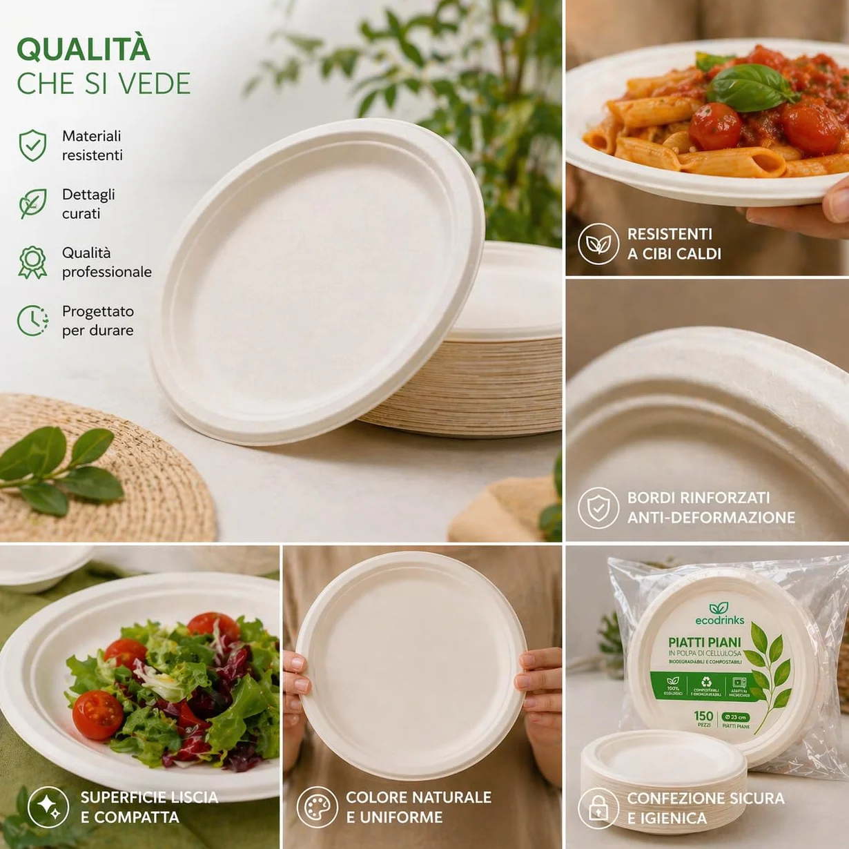 Piatti di Carta Compostabili 23 cm - Cellulosa Naturale Biodegradabile, Usa e Getta
