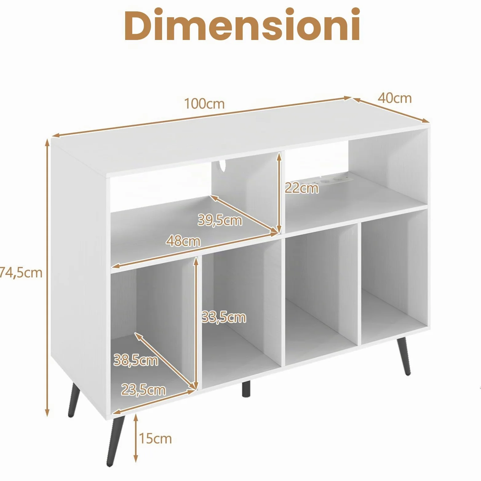 KOMFOTTEU Supporto per Giradischi a 3 Livelli, Mobile Vinili con 4 Scomparti e 2 Ripiani Aperti, Espositore per Dischi con 5 Gambe in Metallo (Con Stazione di Ricarica, Bianco)