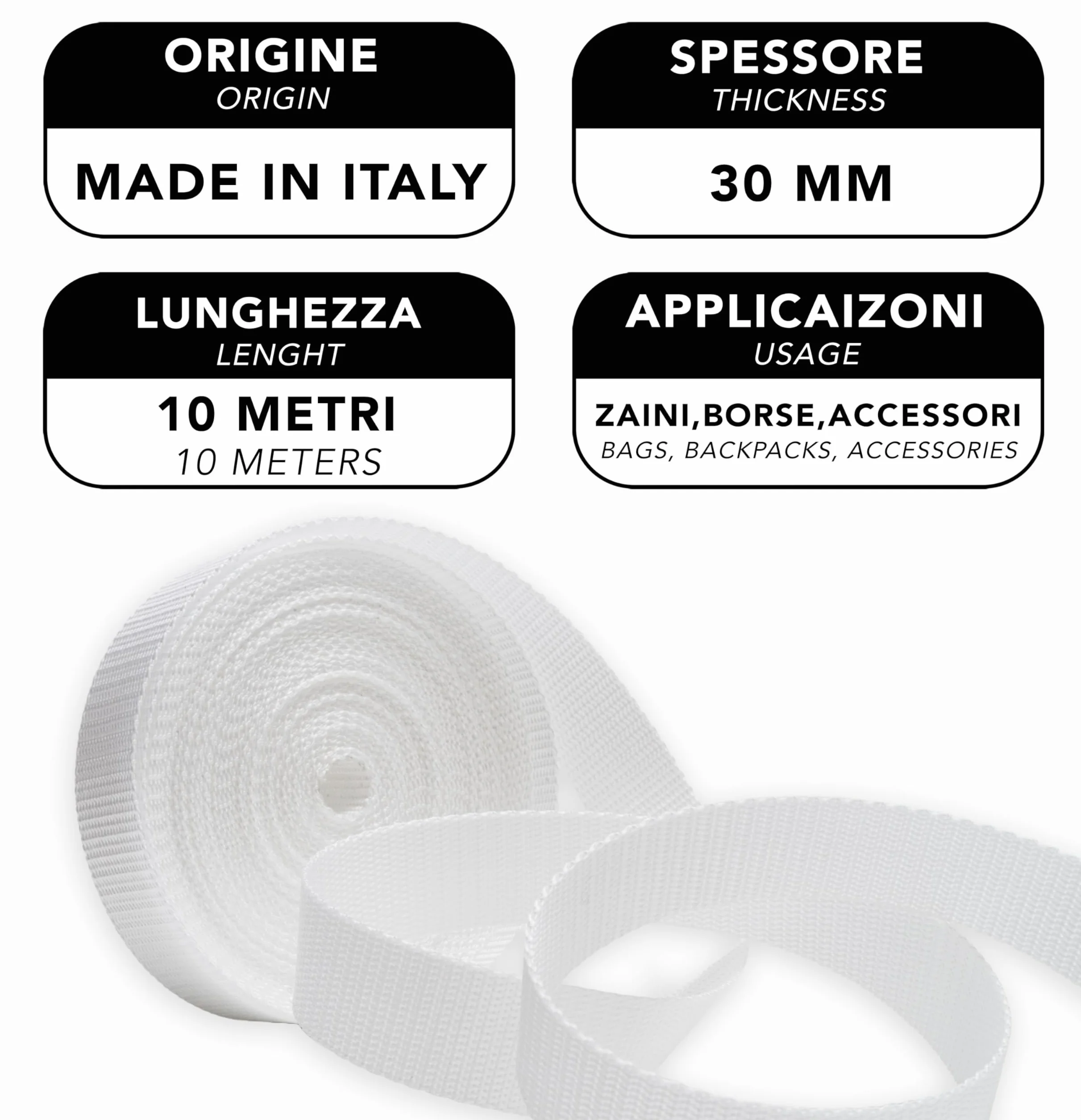 IPEA Cinghia Rigida in Nylon 10 Metri 30 mm Bianco per Zaino e Borse Multiuso