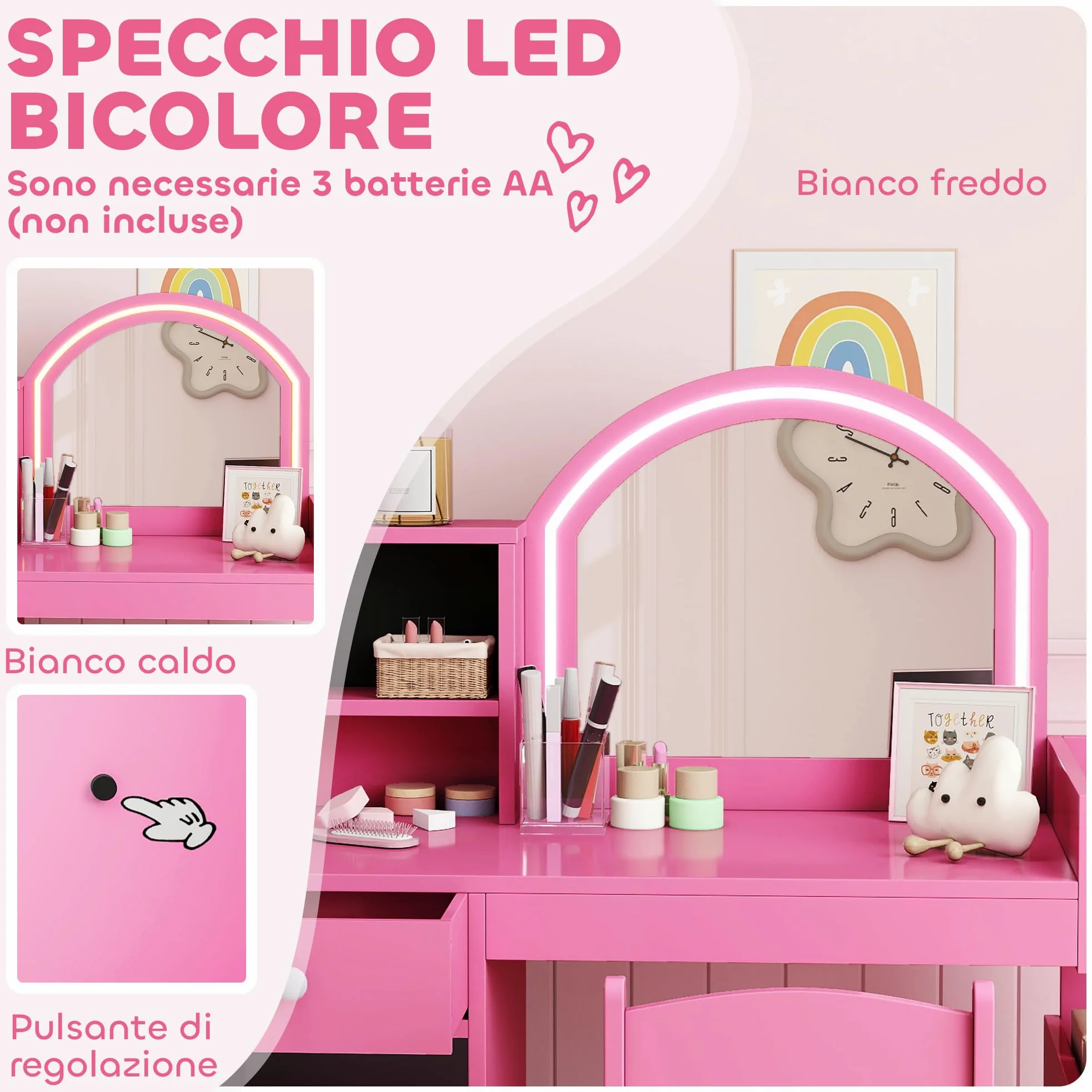 AIYAPLAY Set Toeletta Trucco per Bambini 3-8 Anni 2 in 1 con Specchio Illuminato e Sedia, Postazione Trucco in Legno con Luce LED a 2 Colori, Armadietto, Scaffali e Libreria, Rosa