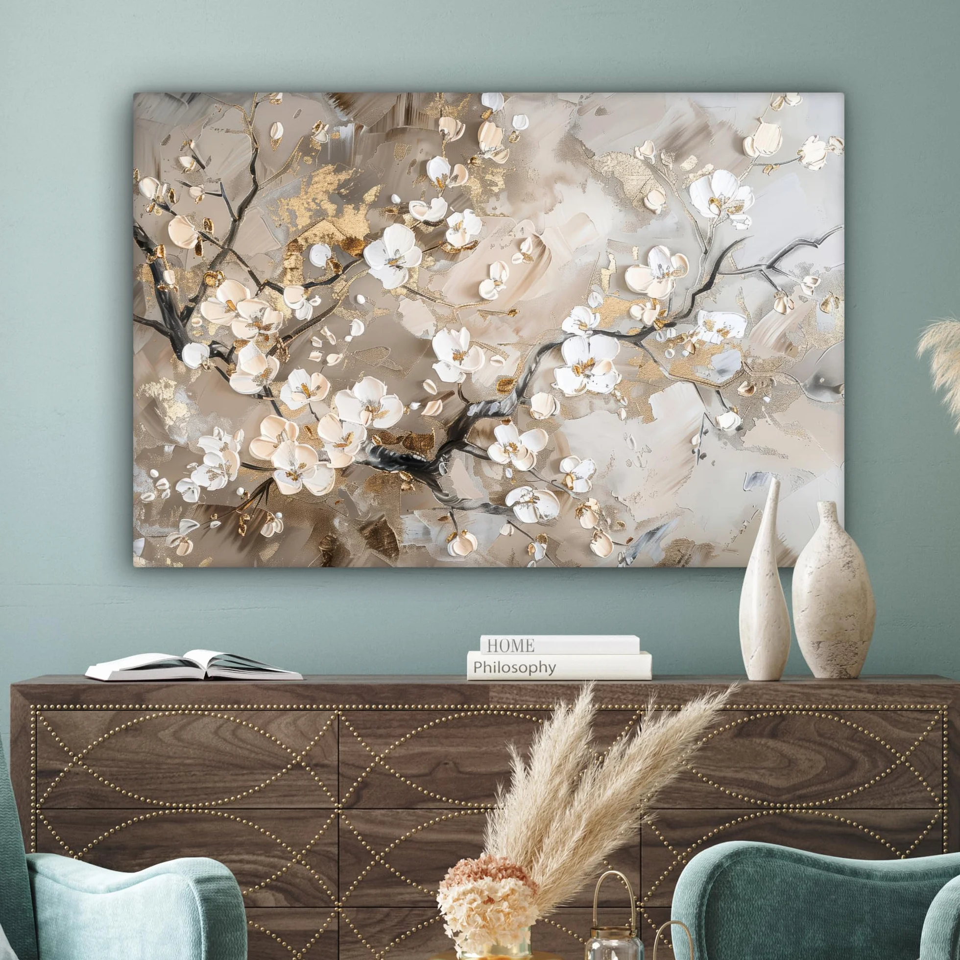 MuchoWow Stampa Foto 120x80 cm Quadro Moderno Stampe Da Parete Canvas Fiori Bianco Oro Beige