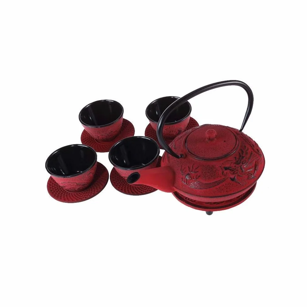 Lachineuse Set da tè in ghisa con drago cinese 1 teiera 4 tazze filtro infusore 0,8 l Rosso