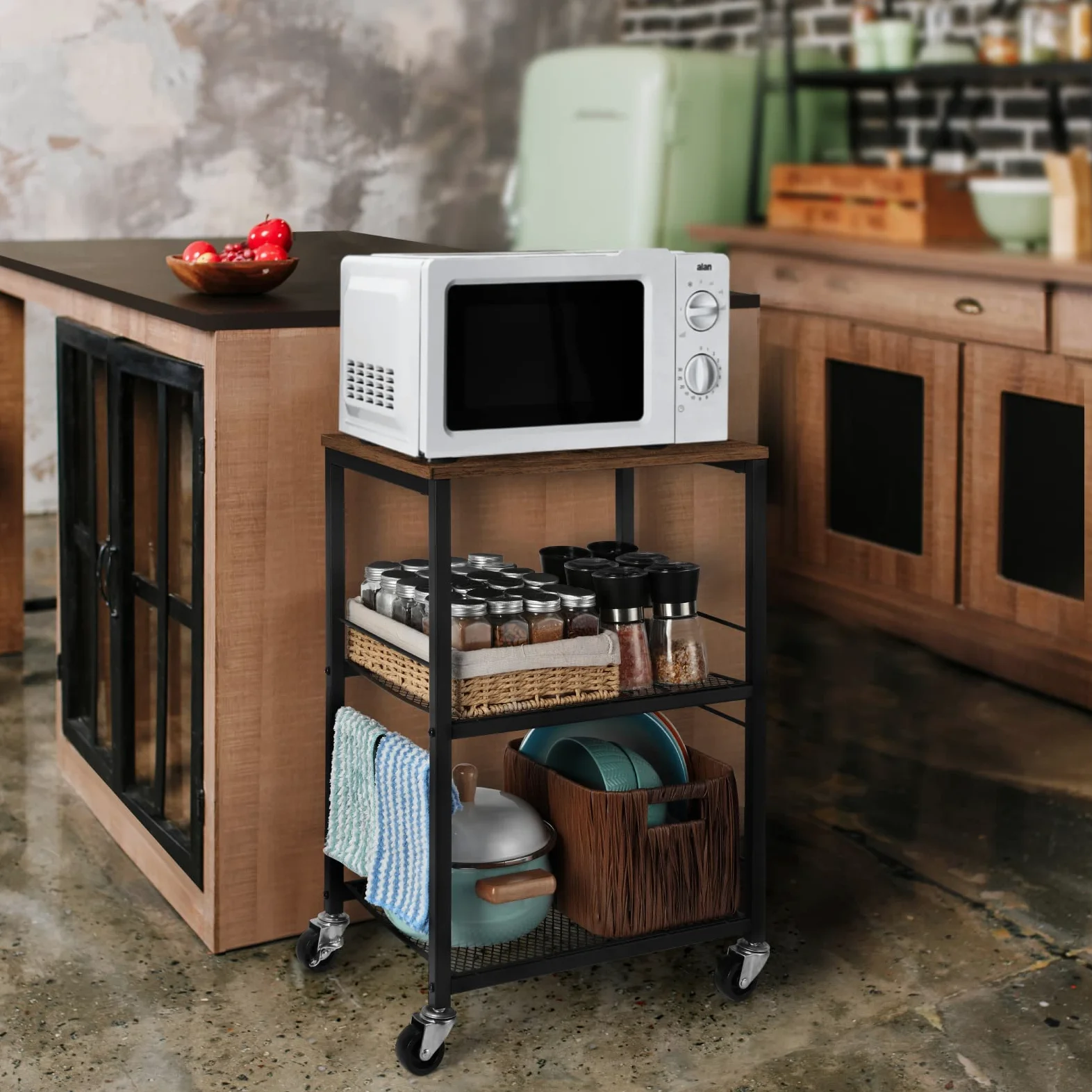 LIANTRAL Carrello con 3 ripiani, carrello da servizio rustico, Robusto scaffale portaoggetti, carrello da cucina, carrello multifunzionale con piano in legno e ruote, carrello da servizio per cucina