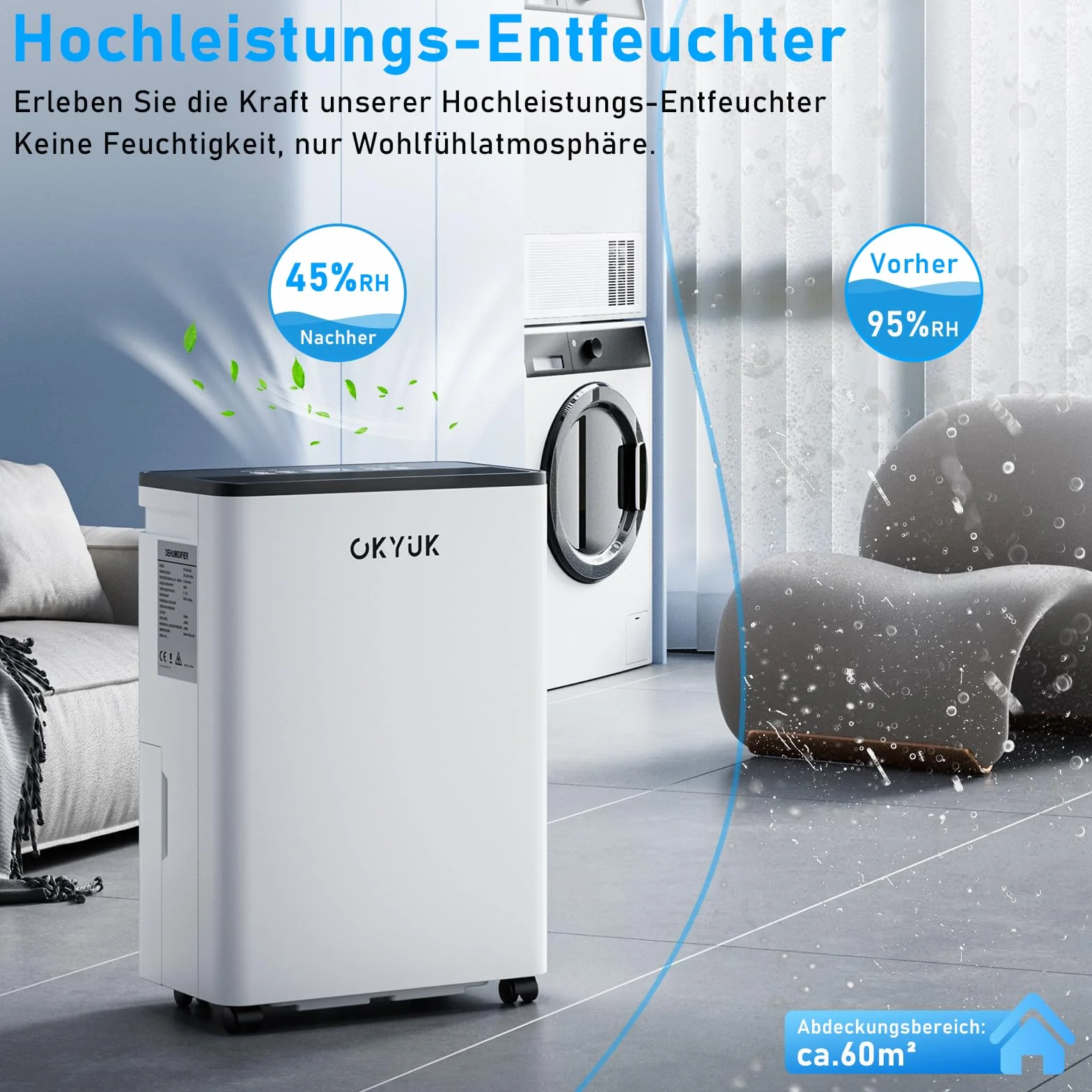 OKYUK Deumidificatore Casa Muffa 12 L, deumidificatore bagno, deumidificatore casa 2.5L, 35 m², con spegnimento automatico Timing 24H, ideale per camper, bagno, camera da letto, cantina (12L Bianco)
