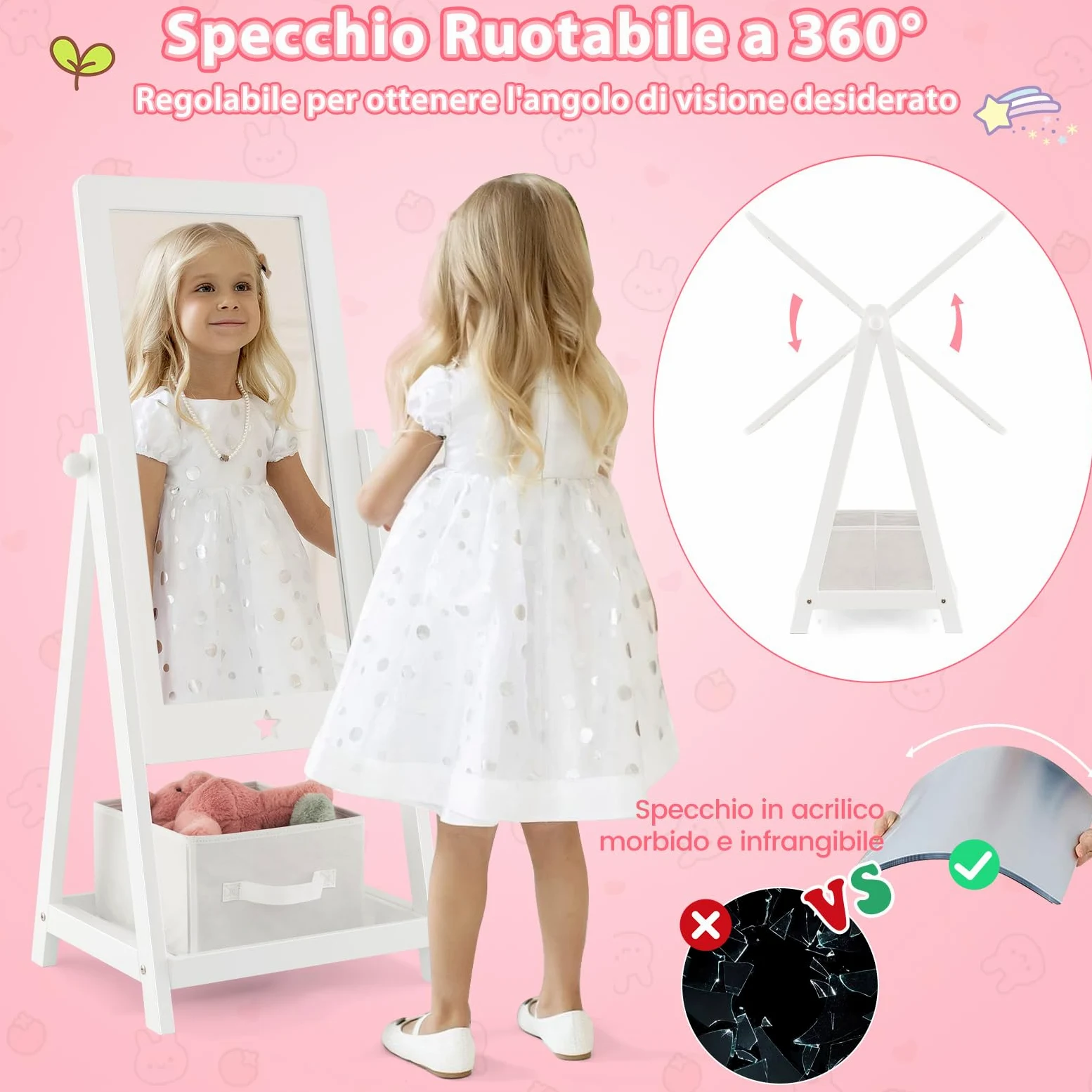 COSTWAY Specchio da Terra per Bambini in Legno con Scaffale Contenitore, Specchio per Cameretta Girevole con Cesto Ripiegabile, 45 x 40 x 112 cm, Bianco