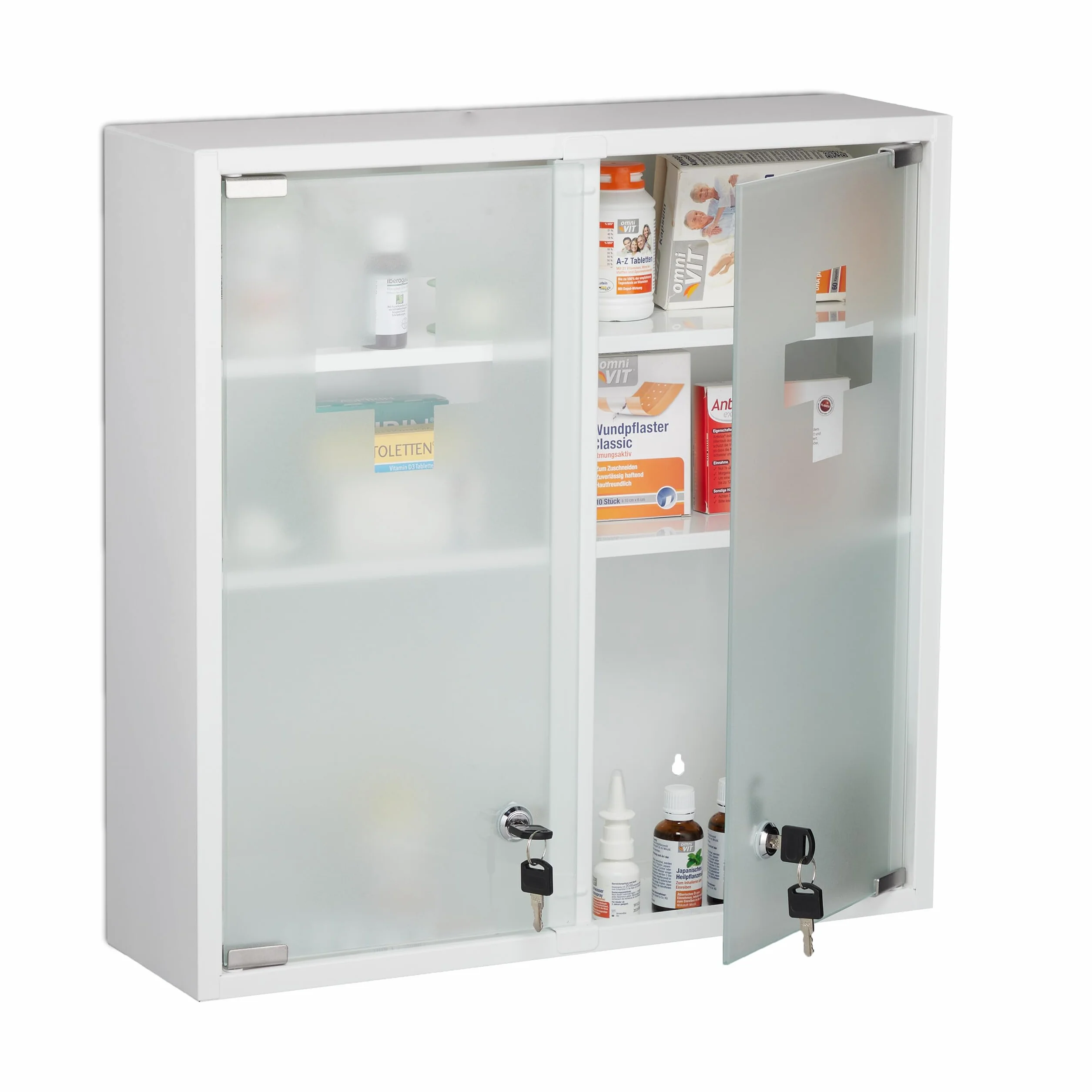 Relaxdays Armadietto Pronto Soccorso per Medicinali, Cassetta Medicine Chiusa a Chiave, 2 Ante, 53x52,5x15,5 cm, Bianco