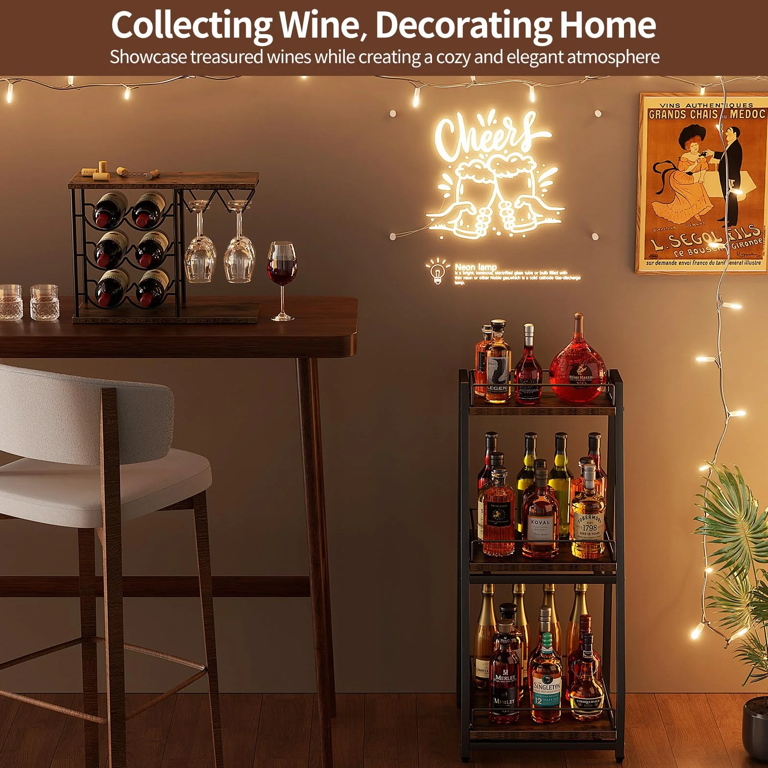 Nuovoware Mobile per Liquori 3 Livelli Mini Bar, Scaffale Vino Terra Whisky, Scaffale Angolare Bottiglie Liquore Recinzione Cassetto Scorrimento per Casa, Cucina, il soggiorno Sala da Pranzo, Nero