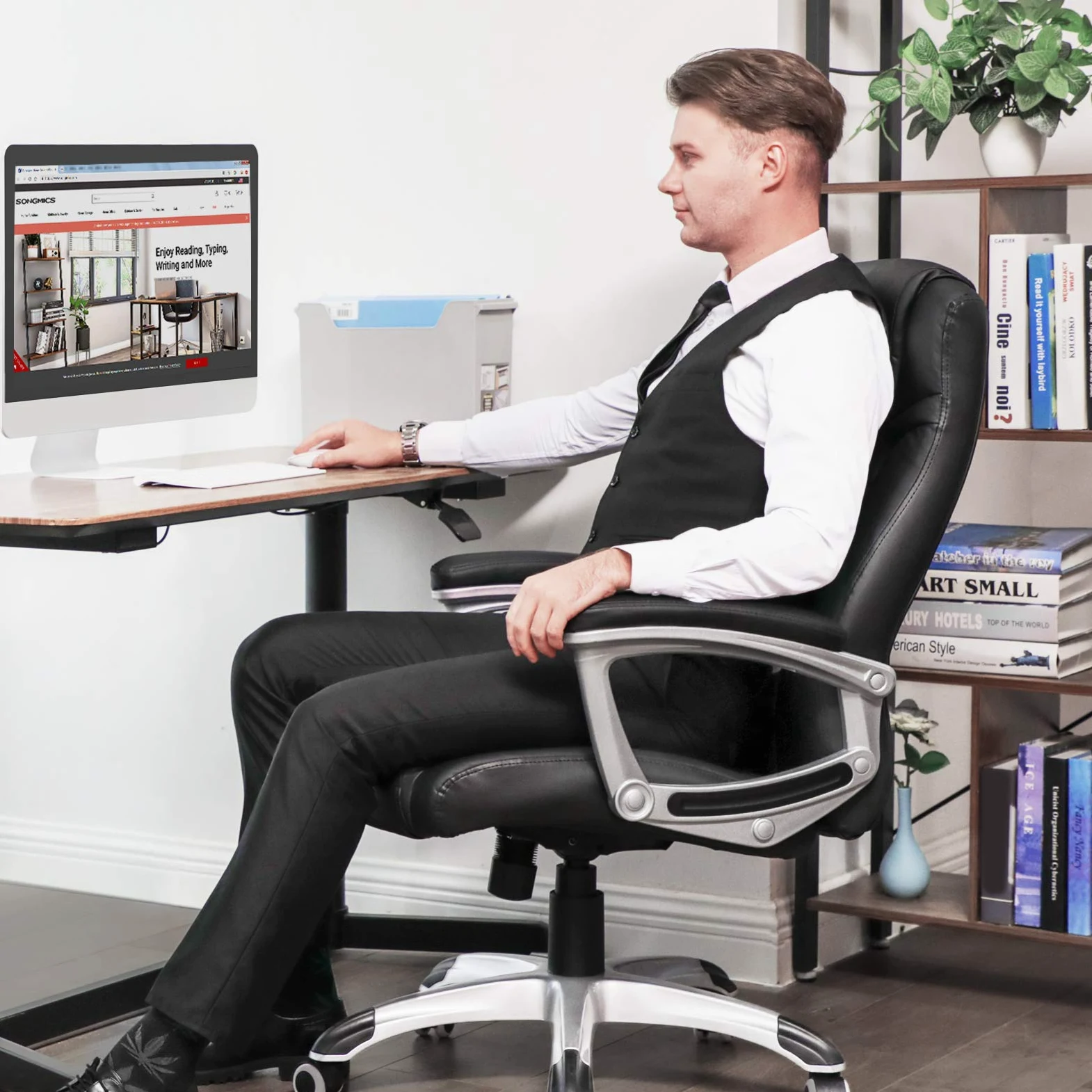 SONGMICS Sedia da Ufficio, Poltrona da Ufficio, Sedia Scrivania, Altezza Regolabile, Ergonomica, Rivestimento in PU, Portata 150 kg, Nero OBG21B