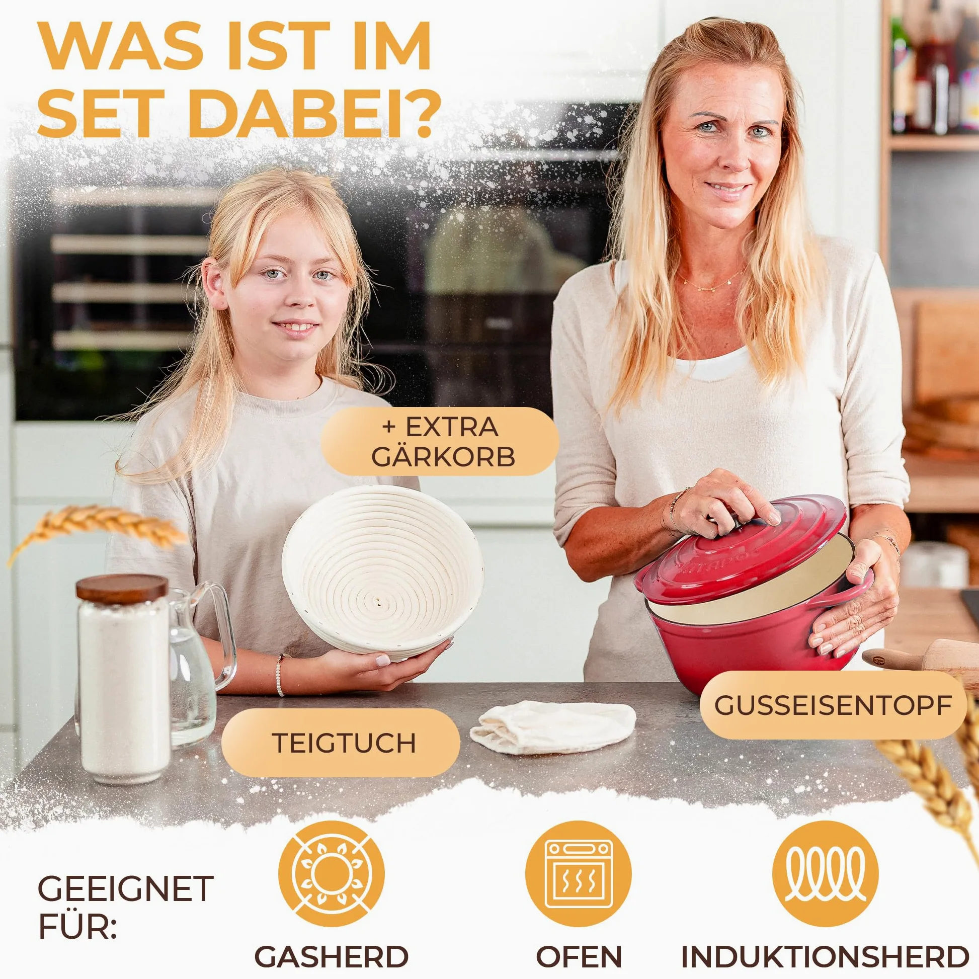 Pentola in ghisa [incl. cestino per la lievitazione + panno per impasto] – Pentola smaltata di alta qualità 24 cm – ideale per cuocere il pane in ghisa – pentola per pane in ghisa – accessorio
