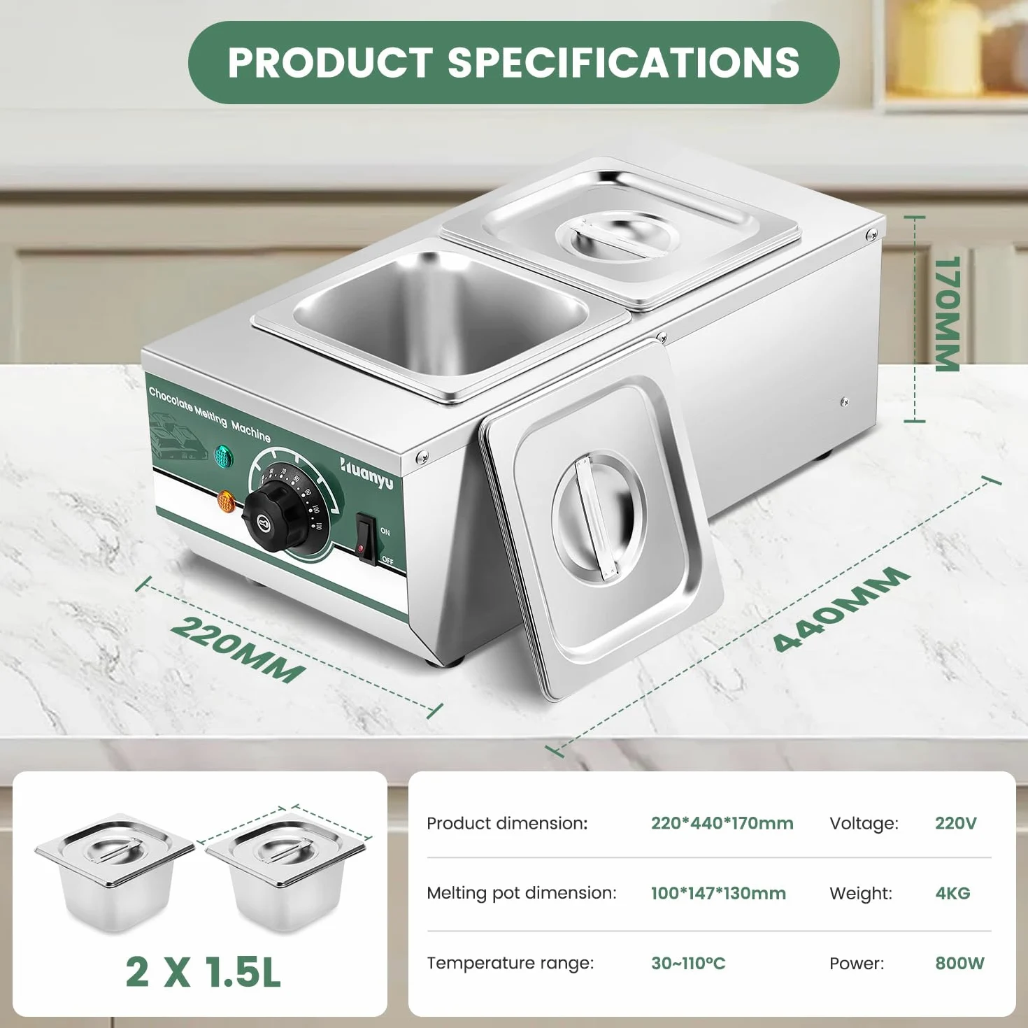 Huanyu cioccolato temperamento macchina con 2 vasche 30 ℃-110 ℃ cioccolato macchina di fusione 800W commerciale cioccolato Melter acqua riscaldamento cioccolato pentola di fusione