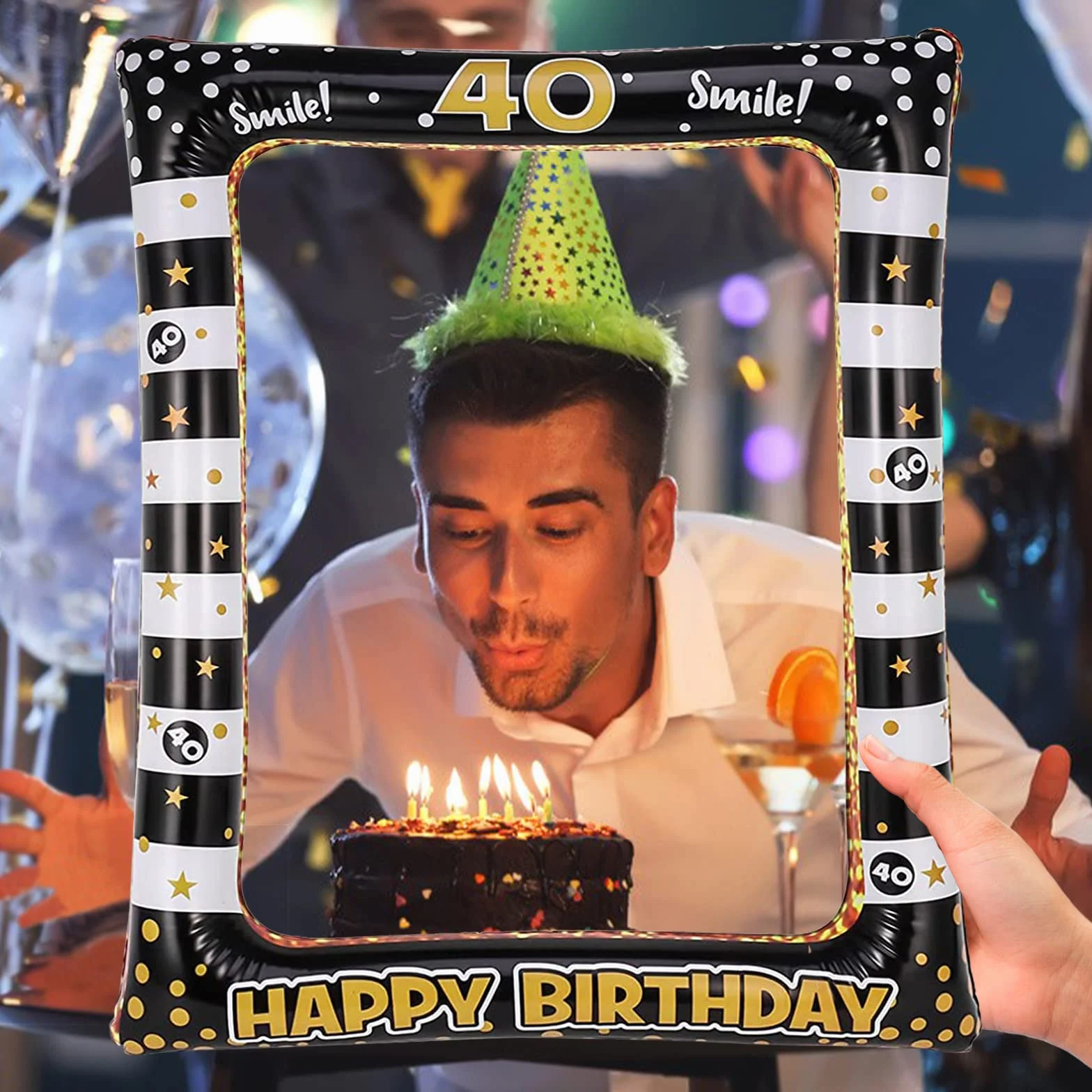 Andiker Cornice gonfiabile oro nero Happy Birthday Photo Booth accessori scena compleanno decorazione 40°