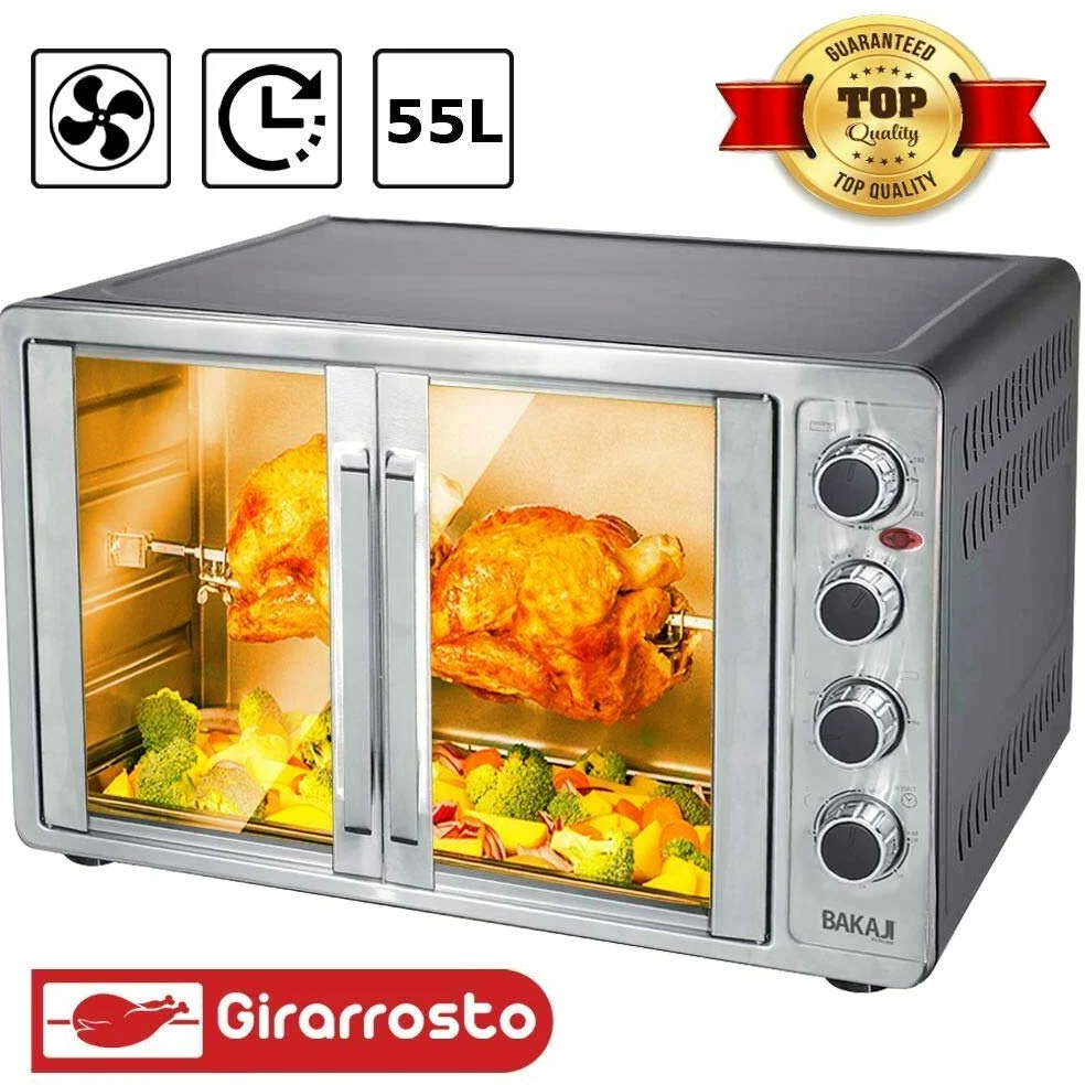 Bakaji Forno Fornetto Elettrico Ventilato 55 Lt Potenza 2200W con Doppia Porta Luce Interna 4 Selezioni di Cottura Temperatura Regolabile Timer Girarrosto e Accessori