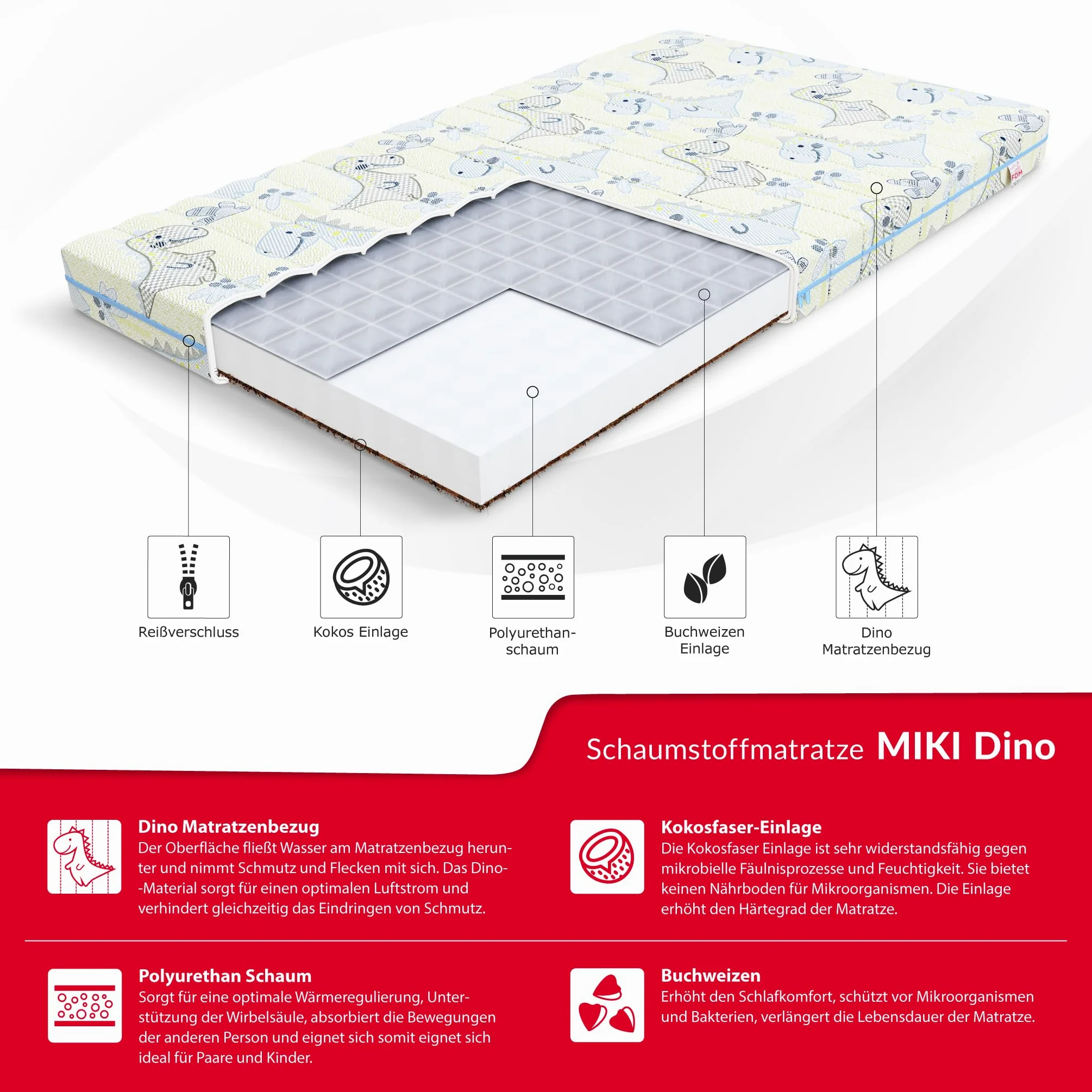 FDM Miki Materasso 90x190 cm Schiuma di Memoria Alto 9 cm Grado di Rigidità H2 H3 Materasso a Due Lati OEKO-TEX Anallergic Rivestimento Lavabile Dino