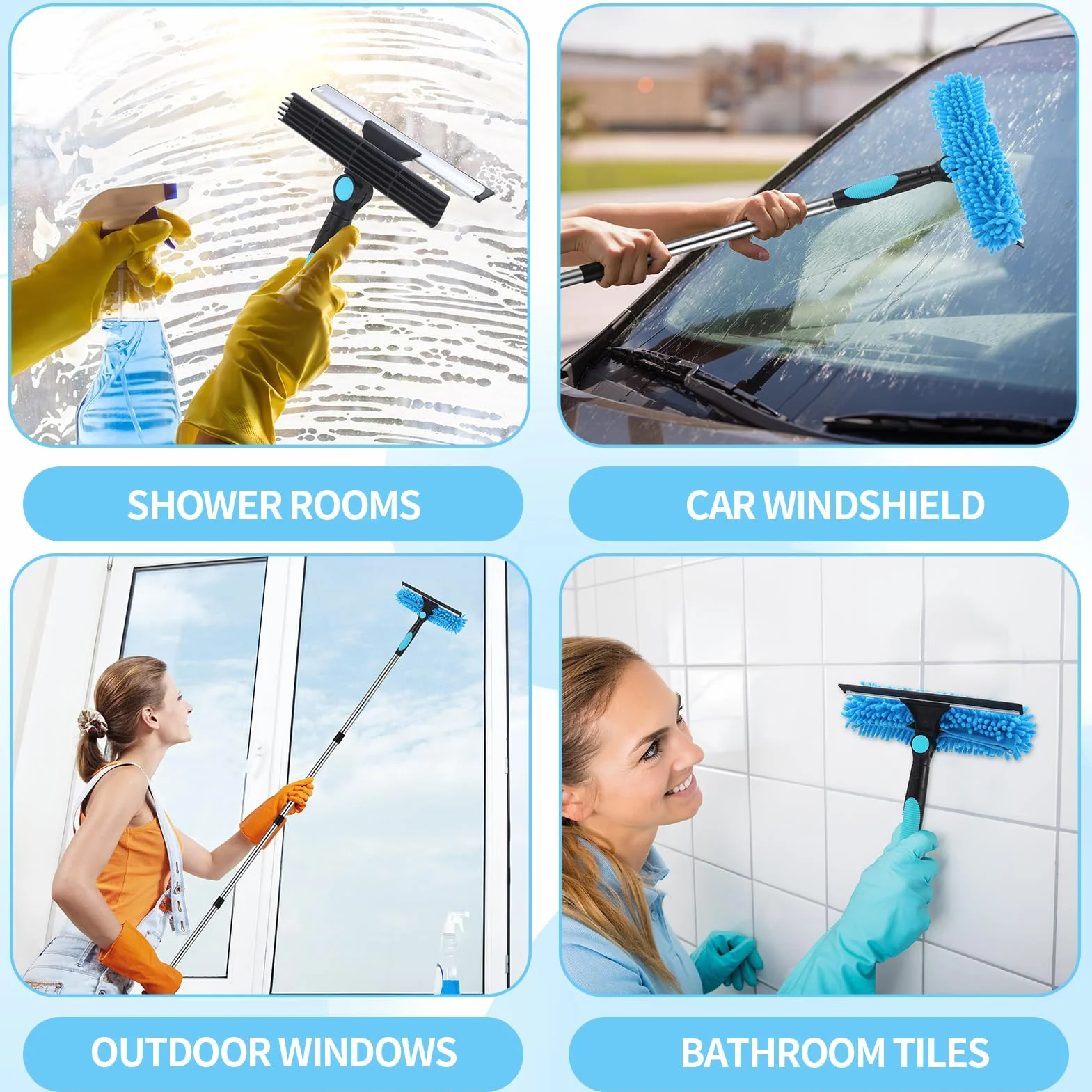 Raschietto per Vetri Professionale 2 in 1, Kit Pulizia Vetri con Manico Telescopico 240 cm, Testa Flessibile, Blu