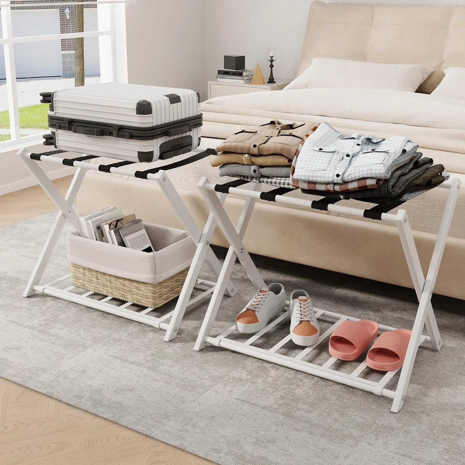 GYMAX Portavaligia da Hotel in Ferro 50 kg Pieghevole a 2 Ripiani 68x45x57 cm 2 Pezzi Bianco
