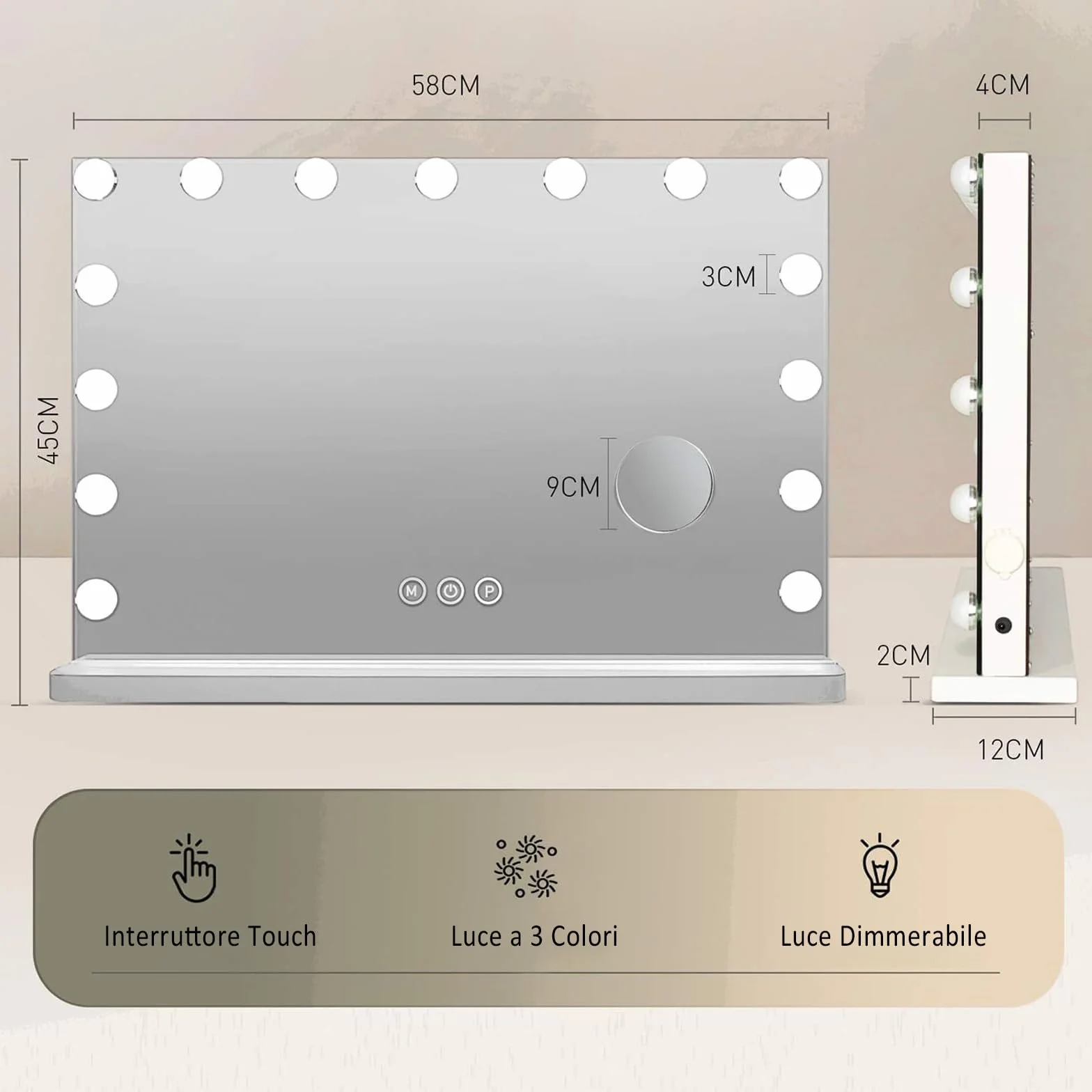 YU YUSING Specchio Trucco con Luci Hollywood, 58X45cm Specchio 15 Lampadine Led Trucco USB, 3 Temperature di Colore, Specchio da Tavolo 10X, Specchio Cosmetico da Parete, Controllo Tattile, Bianco