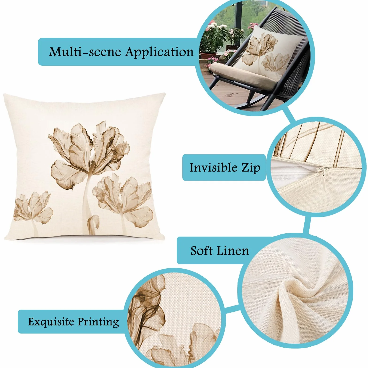 Fodera per Cuscino Decorativa in Lino 40x40 Set di 4 Floreale Pittura ad Acquerello