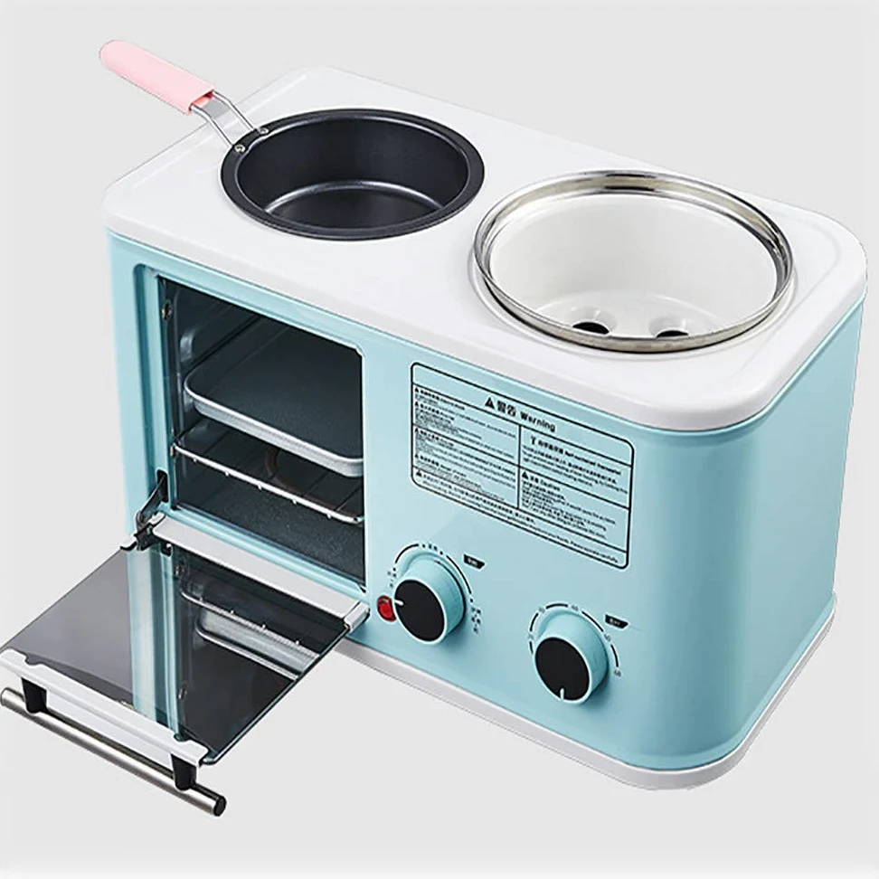 Mini Macchina Elettrica per La Colazione, Domestico 3 in 1 Macchina Prima Colazione, Mini Forno del Pane Forno per La Pizza Padella Tempo E Temperatura Regolabili,Blue