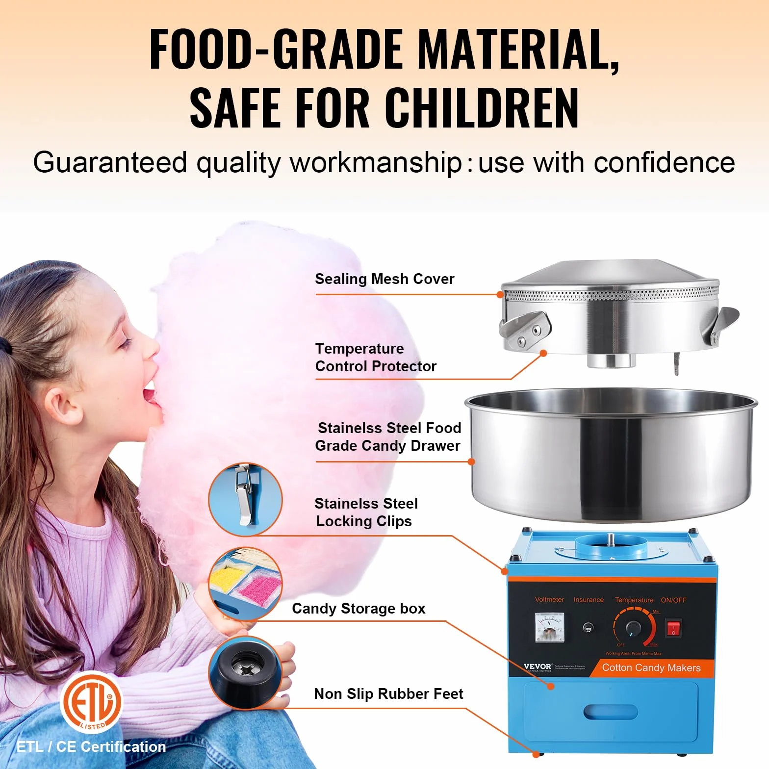 VEVOR Macchina Zucchero Filato Elettrica 1000 W Macchina Zucchero Filato Commerciale, con Ciotola in Acciaio Inossidabile, Paletta per Zucchero, Cassetto, per Compleanno di Bambini, Feste in Famiglia