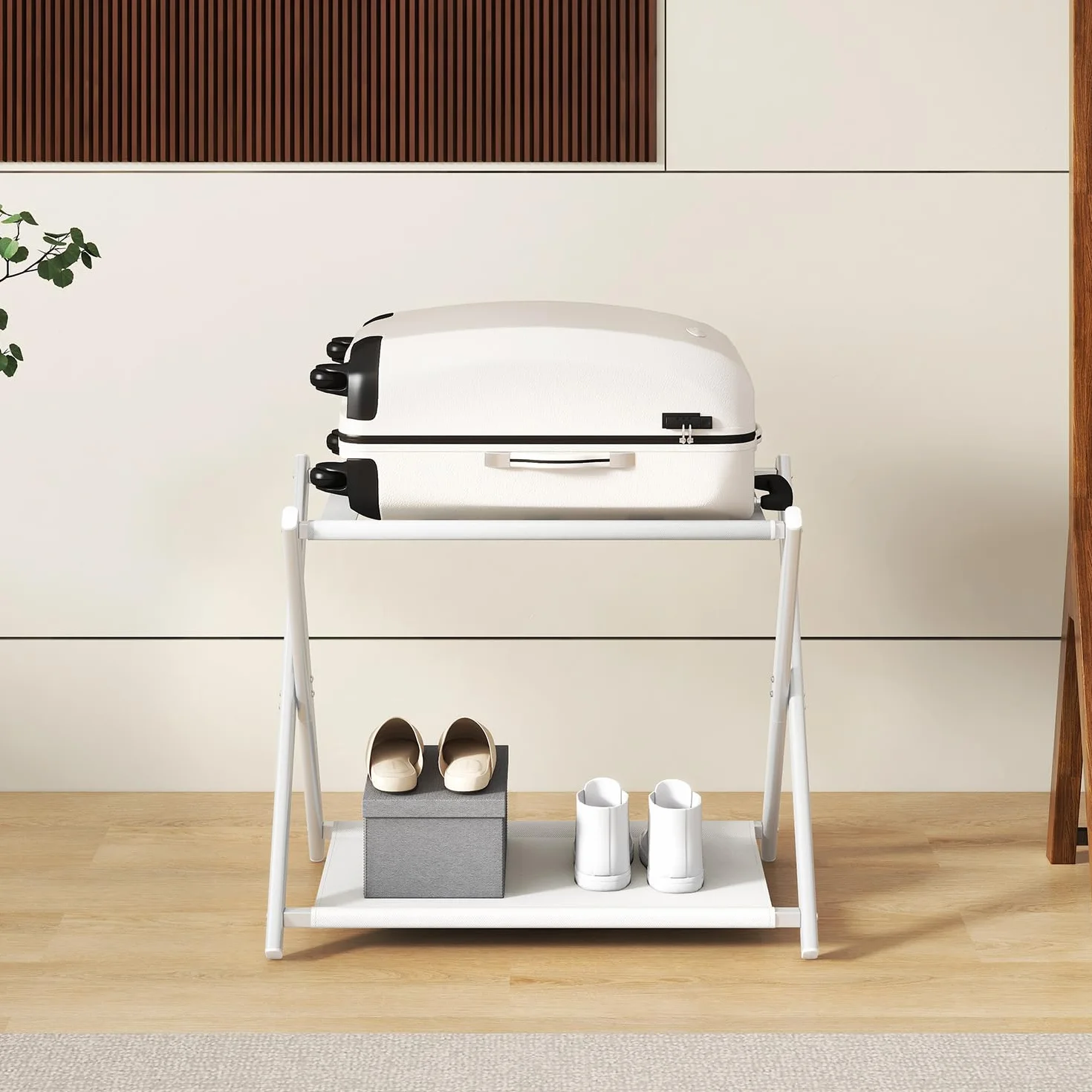 IBUYKE Luggage Rack Foldable Suitcase Stand with Storage Shelf White