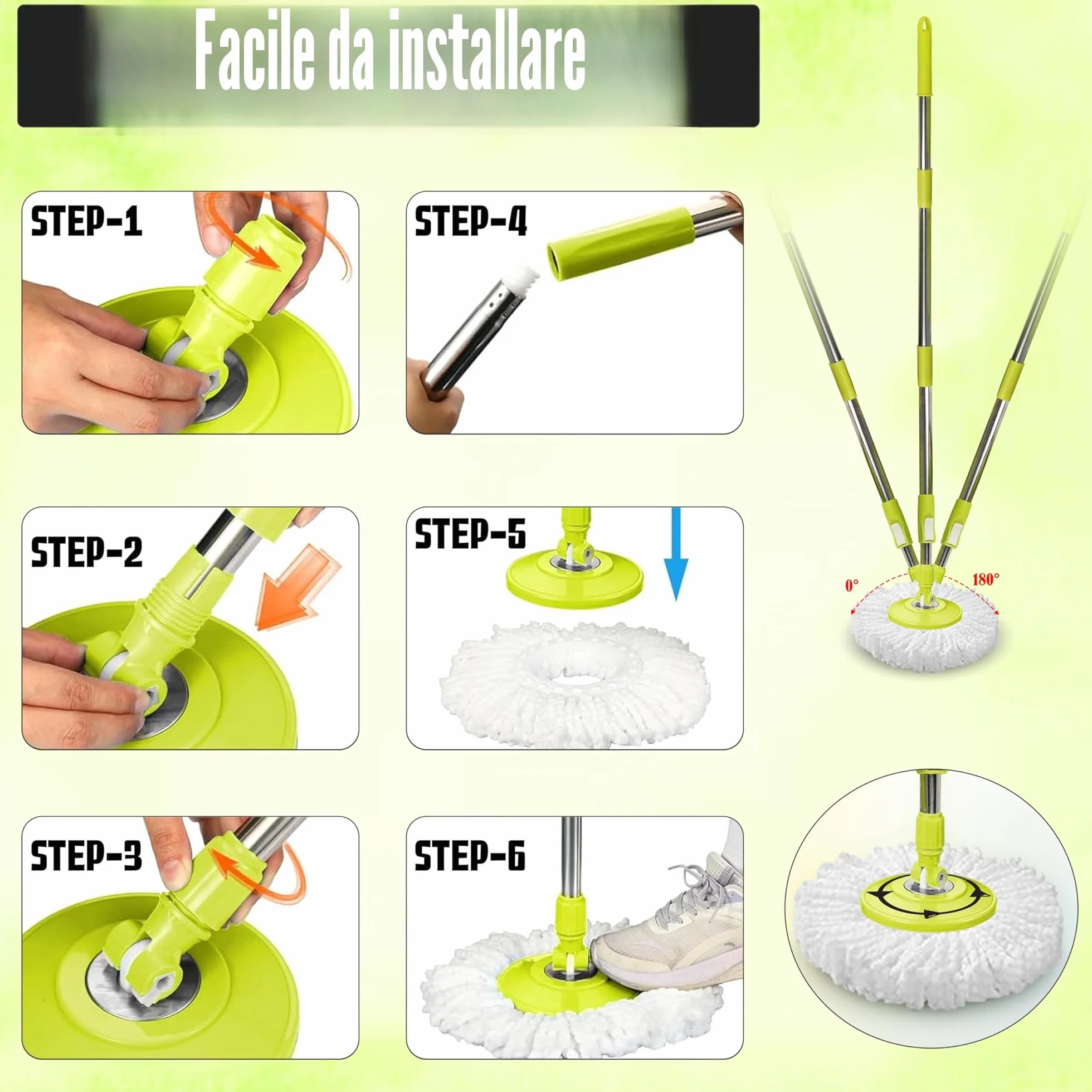 ARSUK Mocio e Secchio lavapavimenti doppia vasca - 2 impilabili secchio separati con 4 testine in microfibra e manico telescopico regolabile in altezza a 360° Rotante | Rotazione a 360 gradi