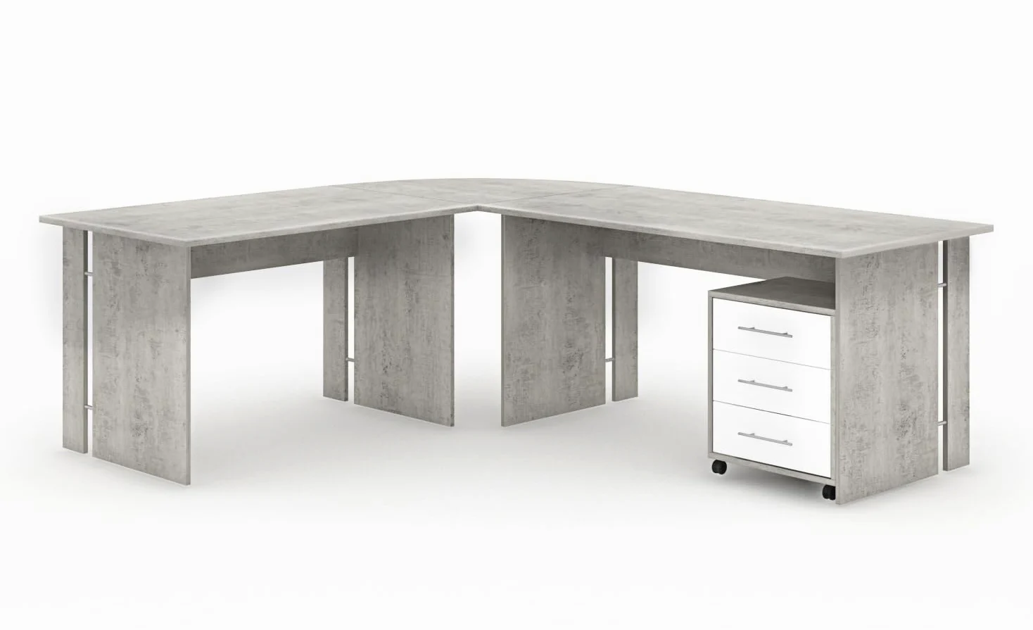 Bricozone Set Ufficio Moderno Completo In Cemento E Bianco Frassinato Con Scrivania Angolare Cassettiera Libreria E Armadi In Melaminico Antigraffio Arredo Professionale Per Home Office E Studi