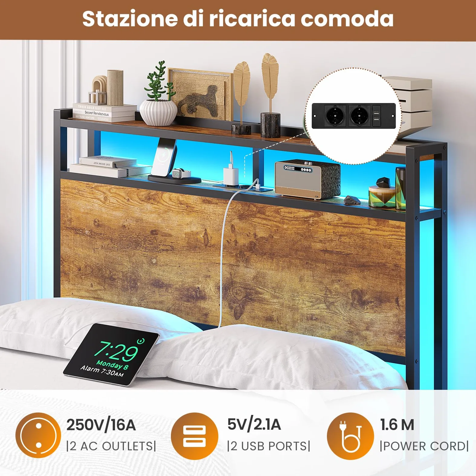 Brinlawb Struttura Letto Singolo 90x200 cm con Luce LED e Stazione di Ricarica (2 Prese CA, 2 Porte USB) Struttura Letto 90x200 cm con struttura in metallo, Facile da montare, Moderno, Marrone