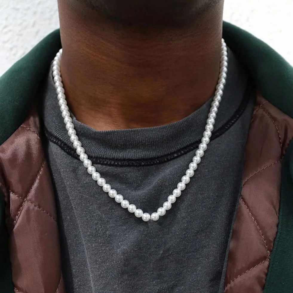Collana di Perle Bianche Finte da 6 Mm - Collana da Uomo d'Acqua Dolce - Gioiello Semplice per Migliore Amico, Compleanno, Anniversario