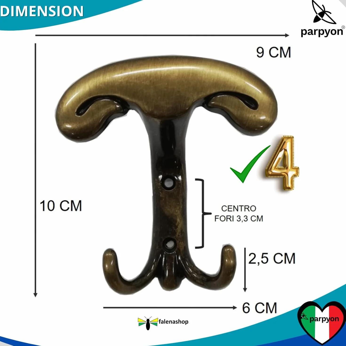 Appendiabiti a Parete 4 Ganci, Porta Asciugamani Bagno, Attaccapanni da Muro Ingresso (BRONZO)