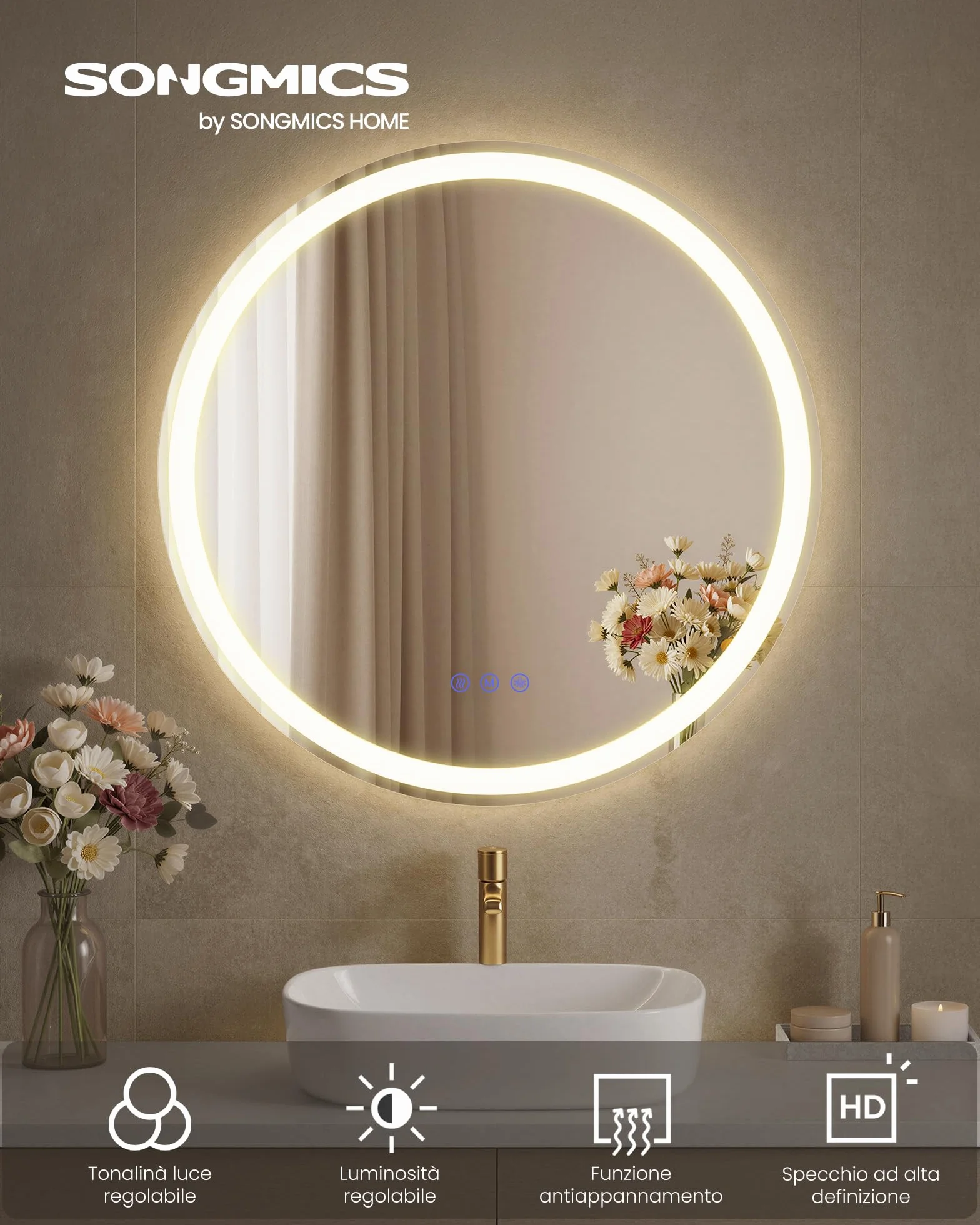 SONGMICS Specchio Bagno con Luce, Specchio da Parete Rotondo, Funzione Antiappannamento, Tonalità e Luminosità Regolabili, Trucco, Camera da Letto Bagno, 61 cm, Bianco Nuvola LWM211WC02