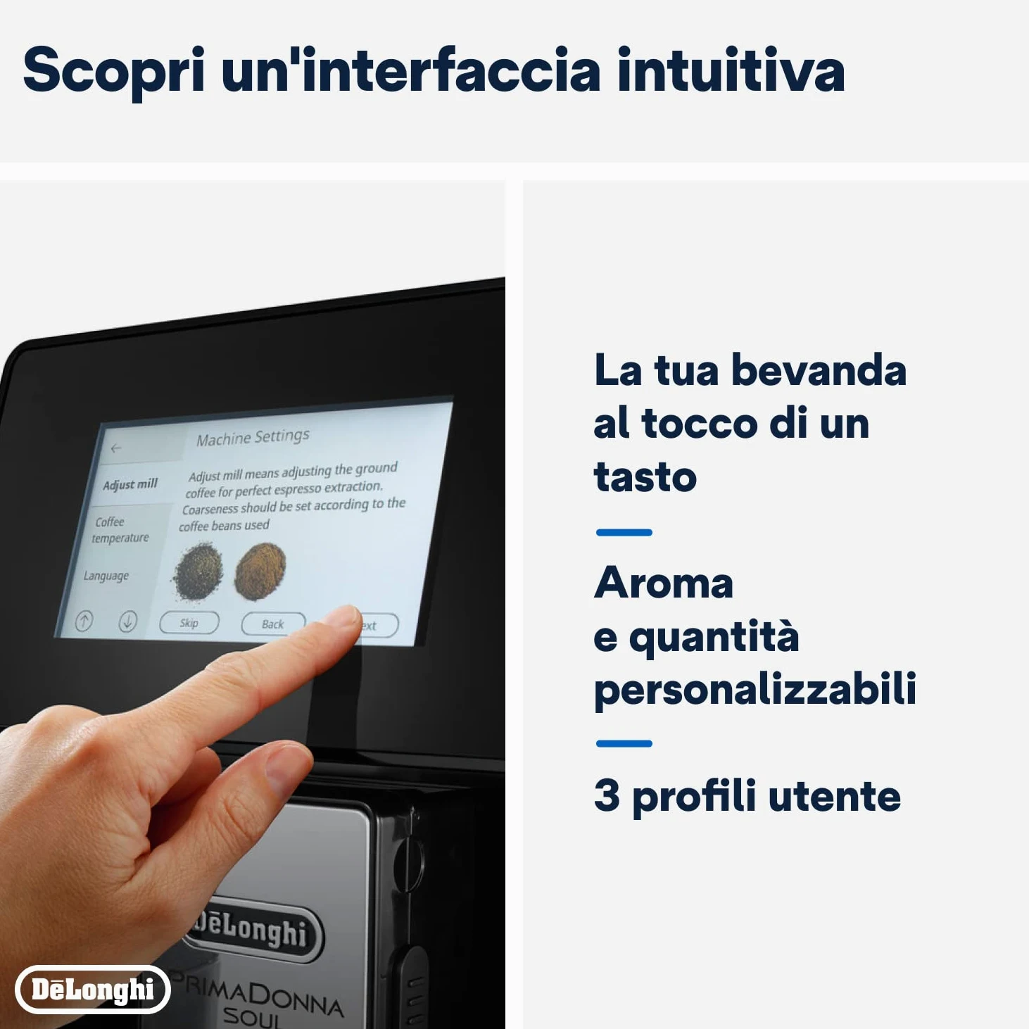 De’Longhi PrimaDonna Soul – Perfetto Macchina da Caffè Automatica, LatteCrema Montalatte Automatico, 18 Bevande in un Solo Tocco, Display Full-Touch, Argento e Nero (ECAM612.55.SB)