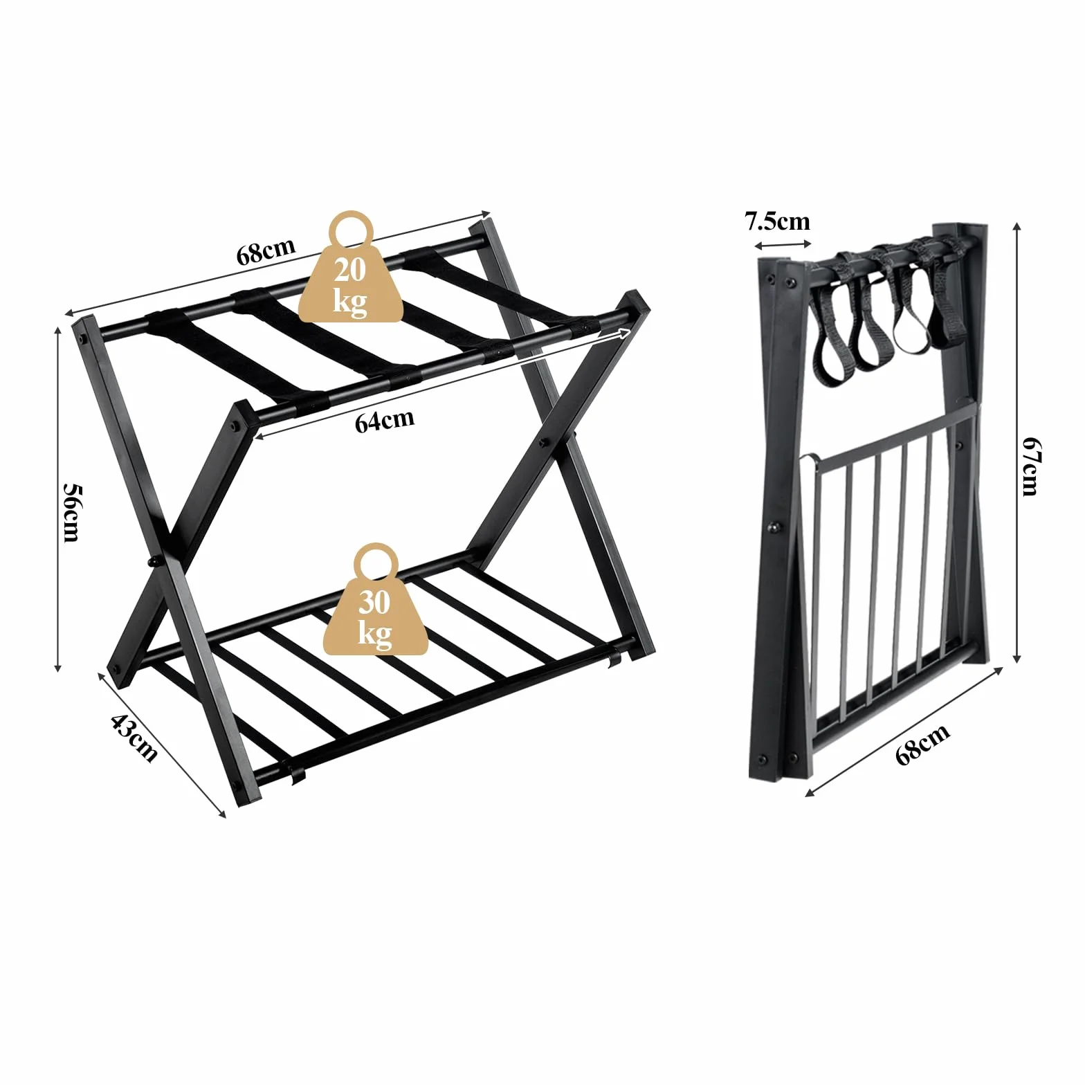 HOMASIS 2 Portavaligie Pieghevole 2 Sgabelli Reggivaligia in Metallo 68 x 43 x 56 Nero