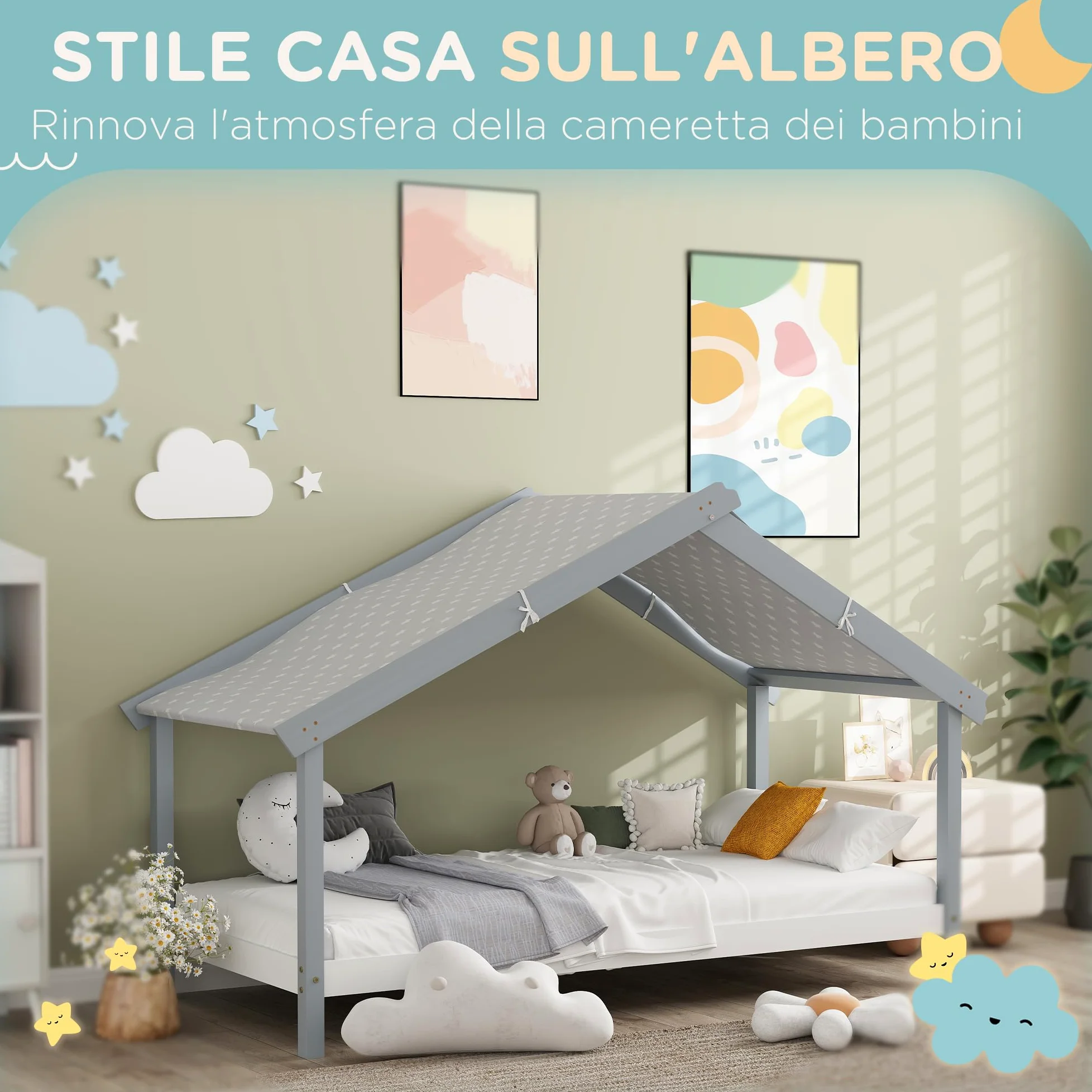 HOMCOM Letto Montessori per bambini a Casetta con Tetto Stellato, Letto per Bambini 90x190 cm per Cameretta con Struttura in Legno di Pino, 15 Doghe e Barriere di Protezione, Grigio