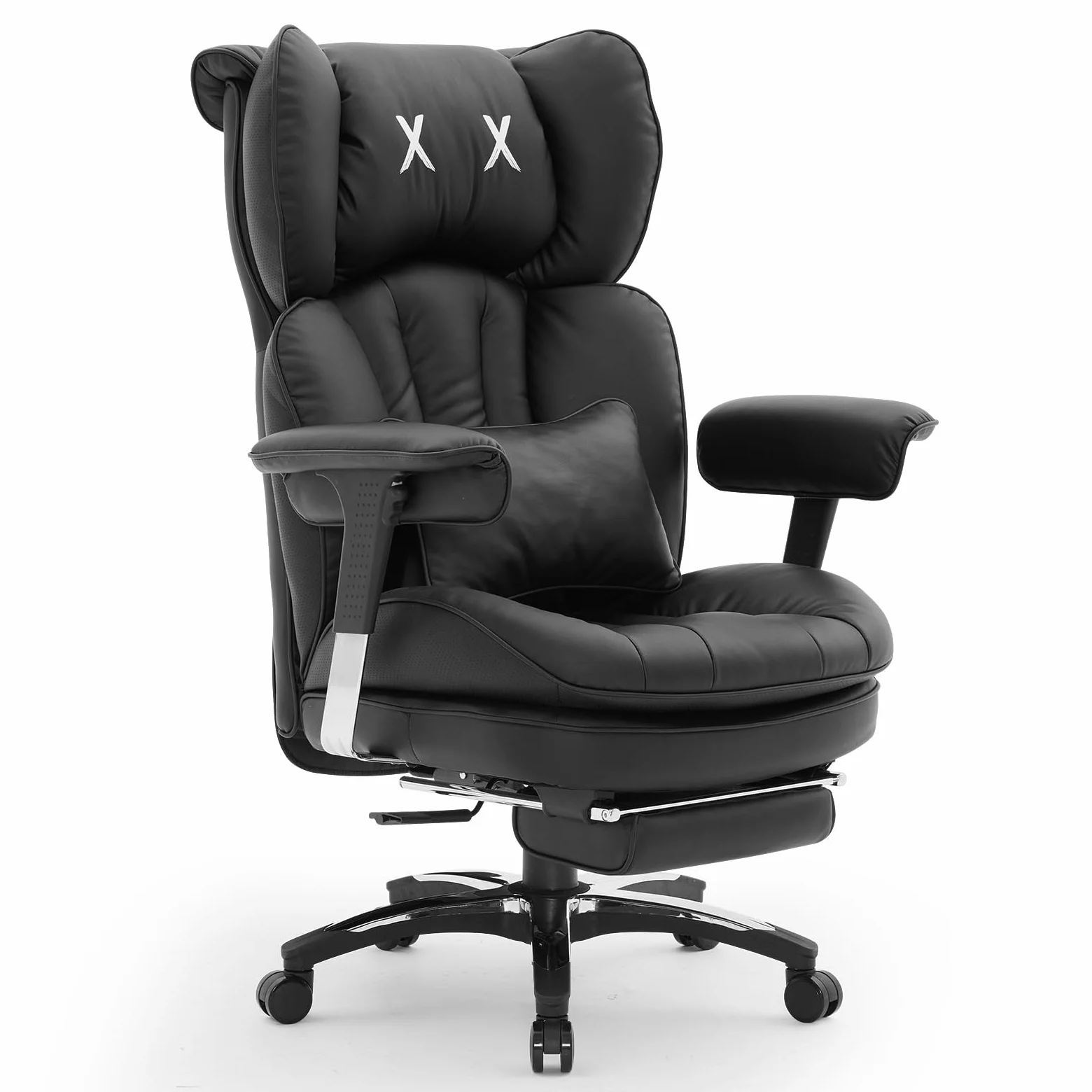 Efomao Sedia ufficio in pelle PU con ricamo X, grande e alta, schienale alto regolabile, sedia da gioco computer, girevole executive 200 kg, poggiapiedi e supporto lombare