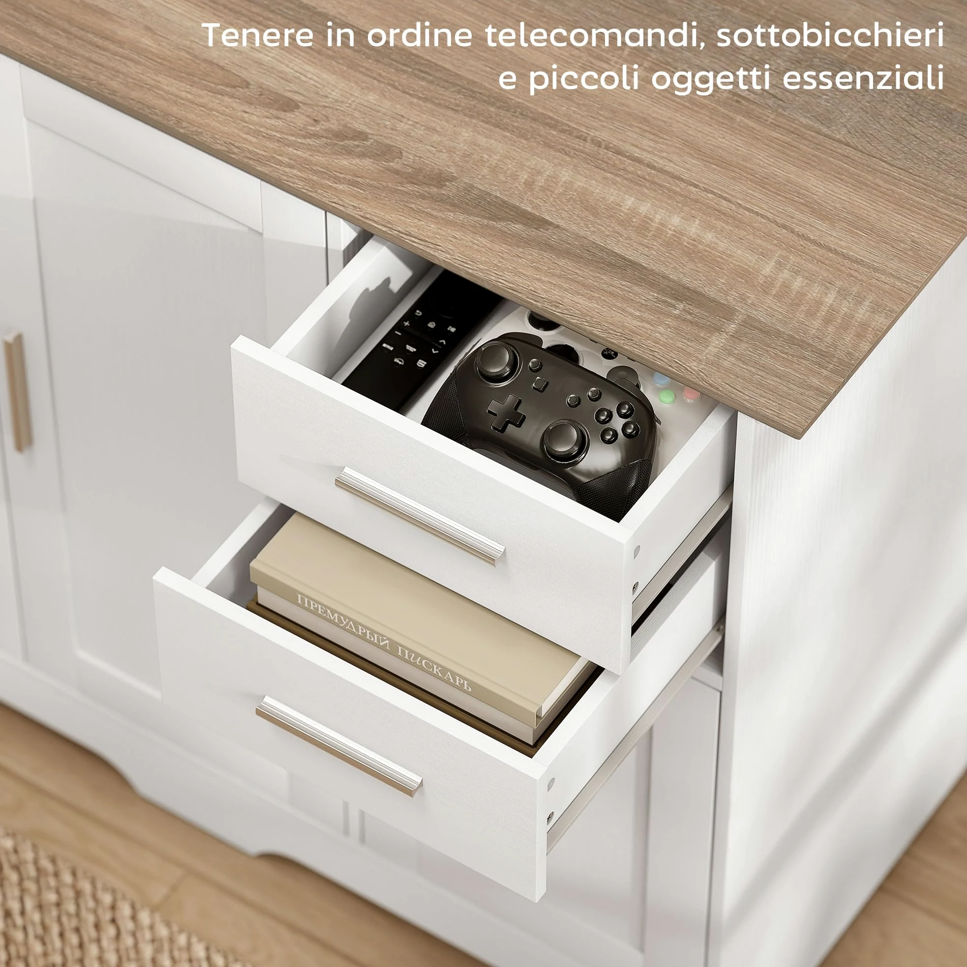 HOMCOM Credenza Cucina, Mobile Cucina con 2 Cassetti e 2 Armadietti, Credenza Buffet con Ripiani Regolabili, 3 Ante, Stile Moderno, per Soggiorno, Sala da Pranzo, 100x40x78 cm, Bianco e Color Legno