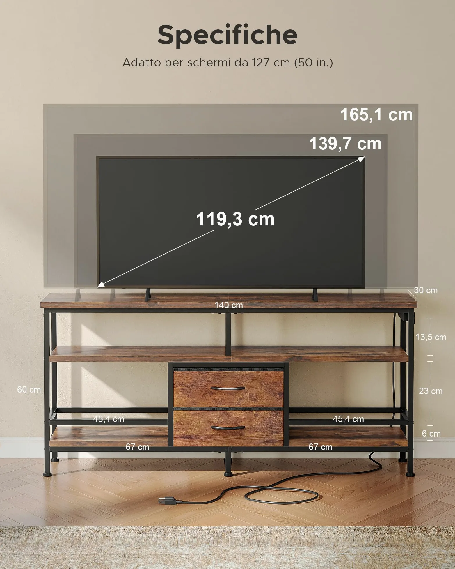 CO-Z 140 cm Mobile TV per 43-65 Pollici TV con Luci LED RGB Controllate da App e Prese di Corrente Rimovibile, Mobile Porta TV con Cassetti e Ripiani Aperti per Soggiorno, Camera da Letto (Marrone)