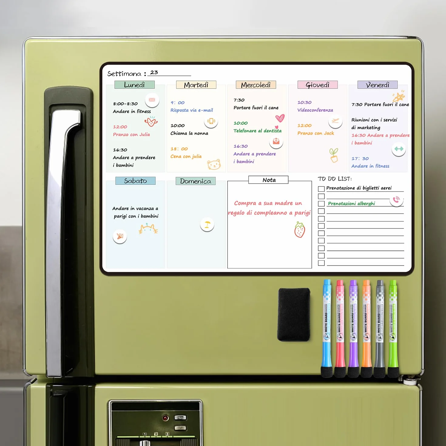 MCCORL Lavagna Settimanale Magnetica Frigo, Calendario Famiglia magnetico, To Do List,Planning Settimanale Cancellabile per Cucina 42×28cm -in italiano