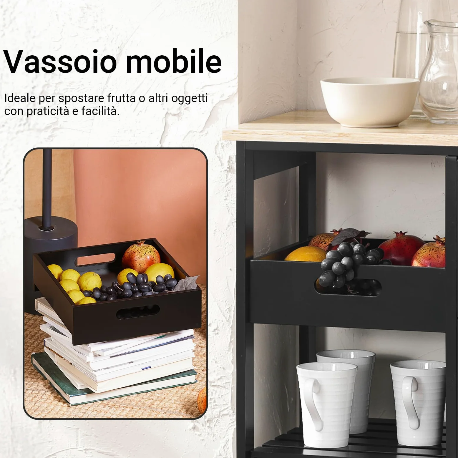 SoBuy Carrello Cucina con 3 Cassetti e 1 Cestino, Mobiletto Cucina Salvaspazio con 4 Ruote Girevoli, Credenza Cucina o Bagno, Mobiletto Cucina Dispensa, L68 x P38 x A85 cm, nero,FKW79-SCH