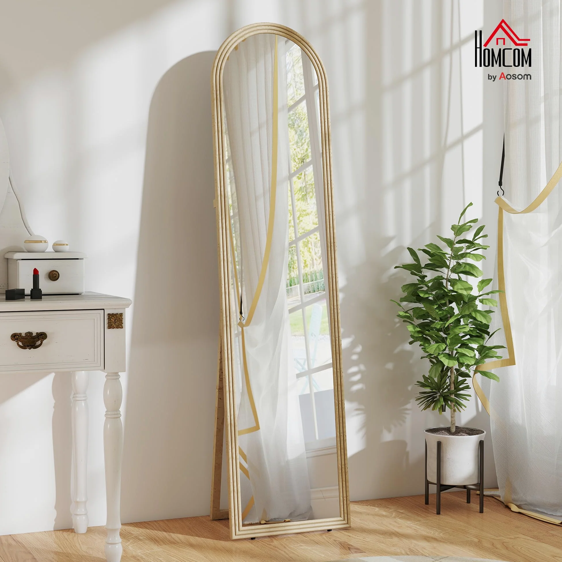HOMCOM Specchio da Terra Moderno a Figura Intera, 40x160 cm Specchio da Parete e Autoportante ad Arco con Cavalletto Effetto Pietra, per Camera da Letto, Soggiorno e Ingresso, Beige