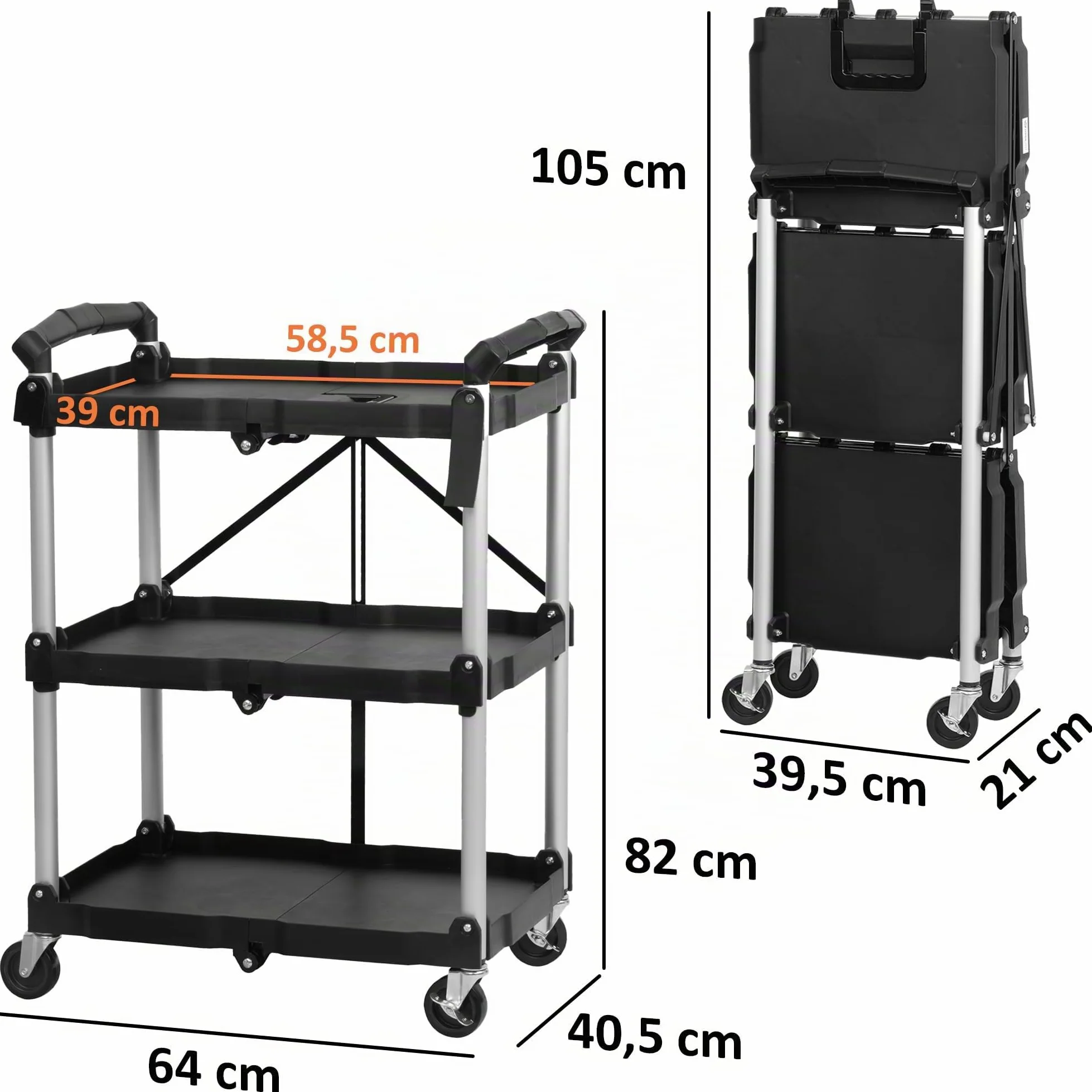 Mahlzeit Carrello di servizio pieghevole con rotelle | 64 x 40,5 x 82 cm, portata fino a 150 kg | ripiano pieghevole a tre livelli, ripiano pieghevole in piedi Ripiano di stoccaggio