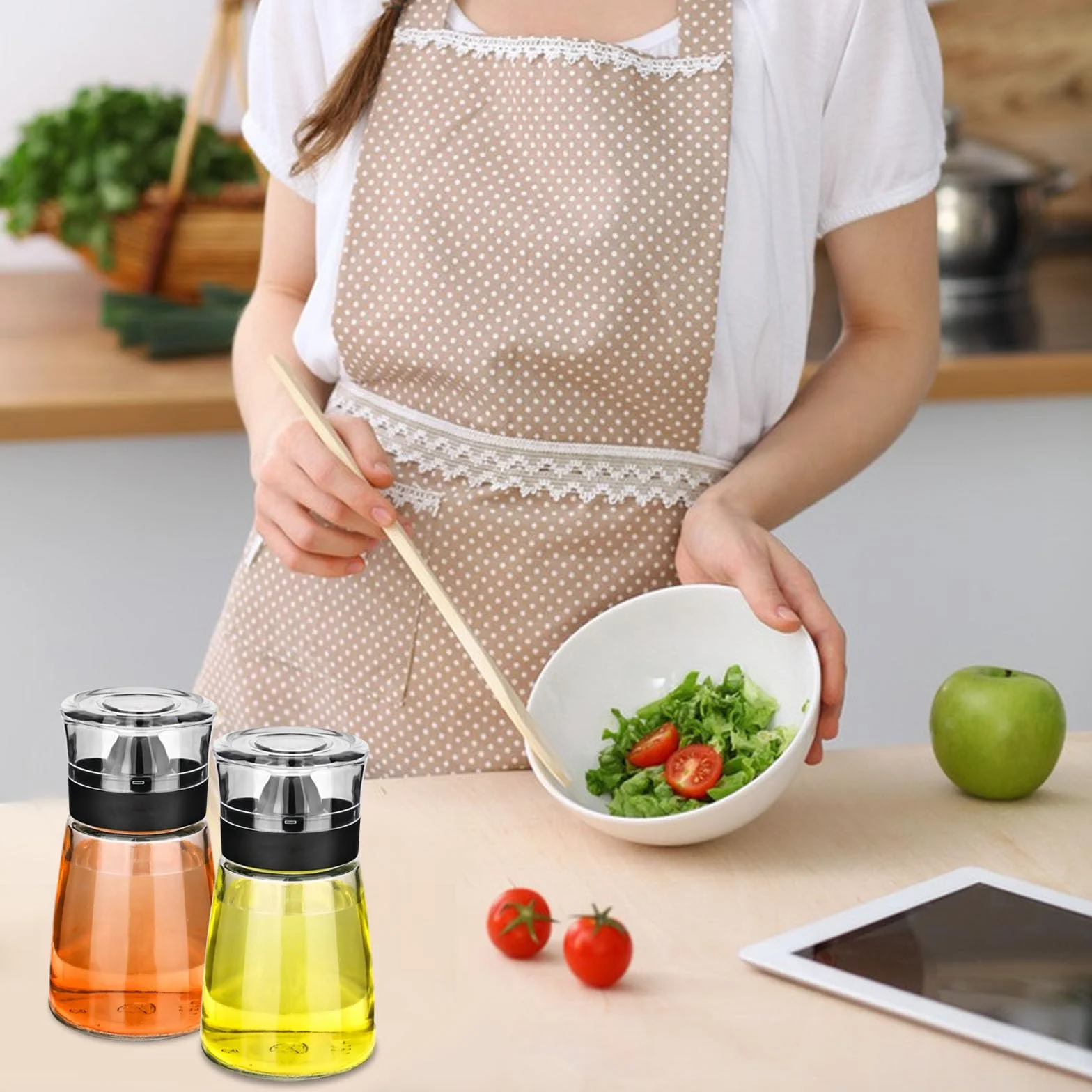 Confezione da 2 dispenser di olio e aceto, a prova di perdite, in vetro trasparente, con beccuccio, 160 ml, per esterni, campeggio, cucina da picnic