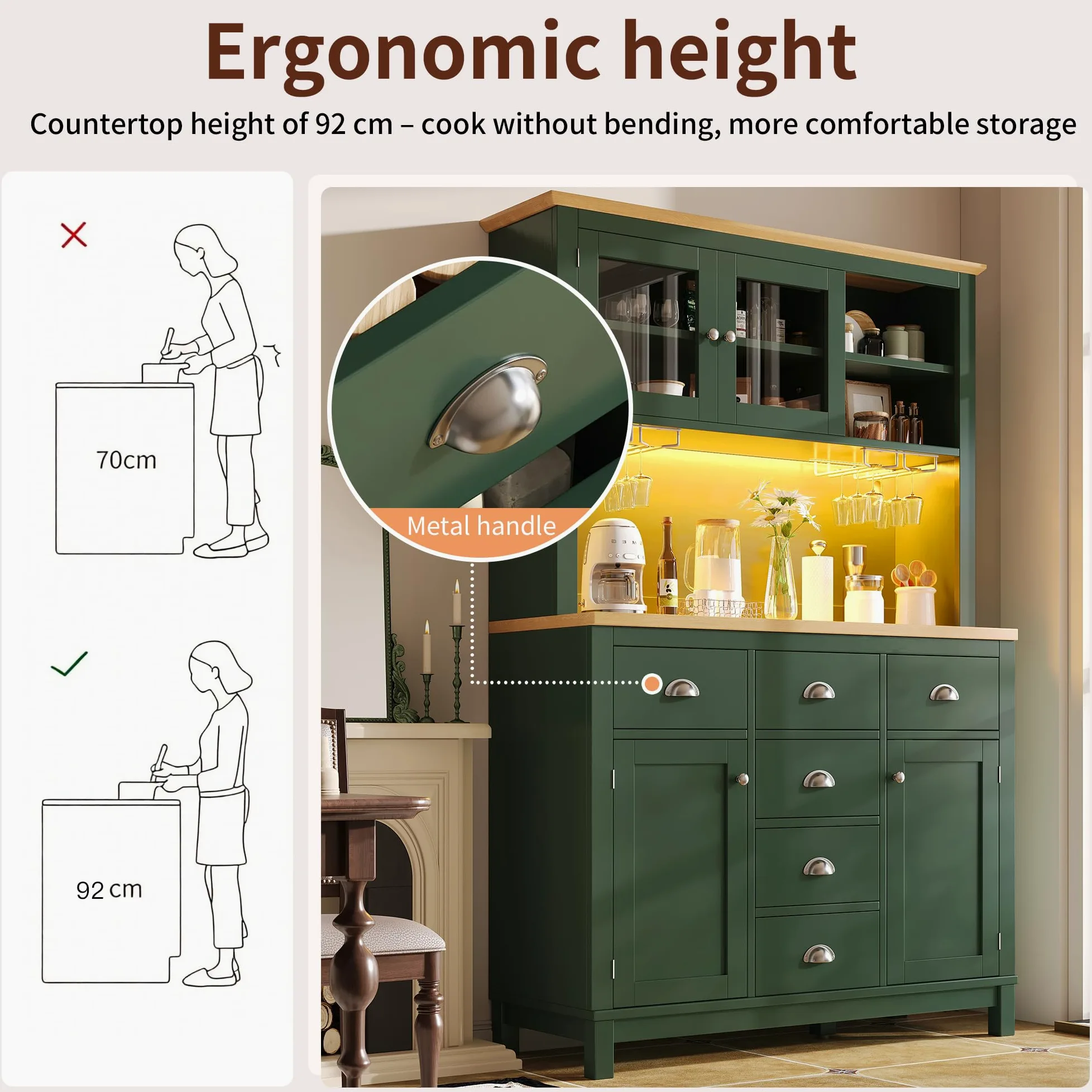 Credenza laterale/Armadietto/Armadietto da cucina/Buffet, 104 x 40 x 180 cm, stile country, 4 ante, con striscia luminosa a LED e portabevande, verde.