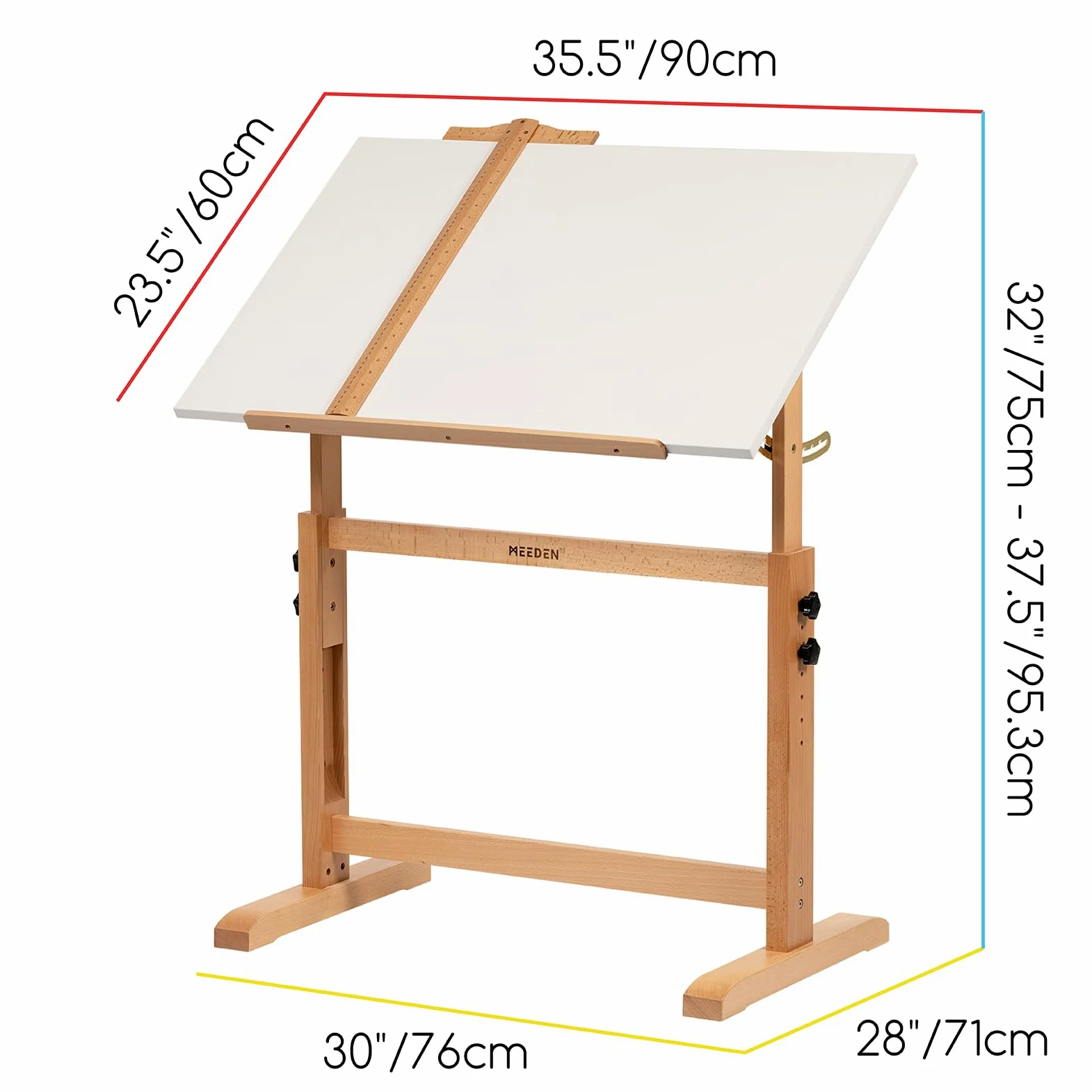 MEEDEN Set tavolo da disegno e sgabello bianco: 90,2 x 59,7 cm, in legno di faggio, altezza regolabile, scrivania artistica con mensola per matita e righello, grandi tavoli da disegno inclinabili per