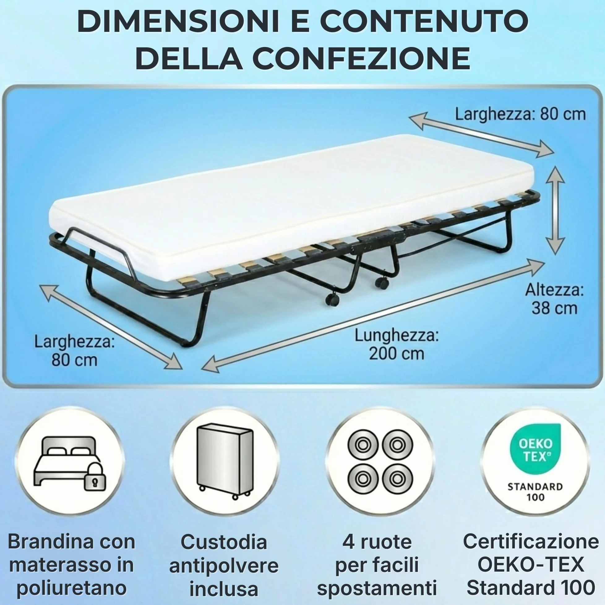 SEDIAOFFICE - Brandina Pieghevole con Materasso e Apertura Automatica Made in Italy, Letto Singolo a Scomparsa (80x200) Letto Pieghevole Singolo con Materasso Alto 10cm (Bianca, 15 Doghe)