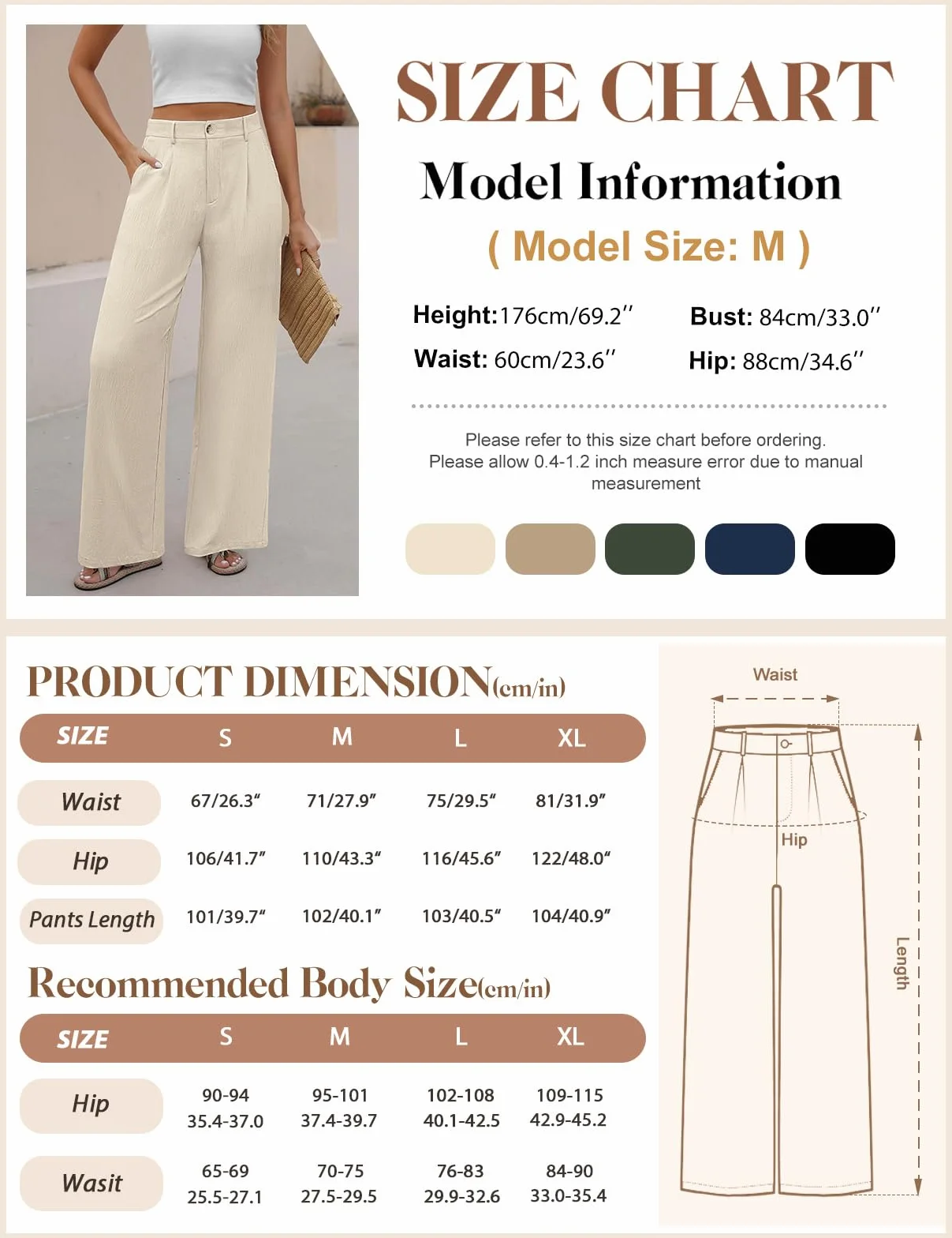 Pantaloni Donna Leggeri Eleganti Estivi Comodi Larghi | Elastico Vita, Alta Vita, Solido Sciolto, Casual, Lunghi, Bottoni, con Tasche, Pantaloni da Completo, Pantaloni Spiaggia